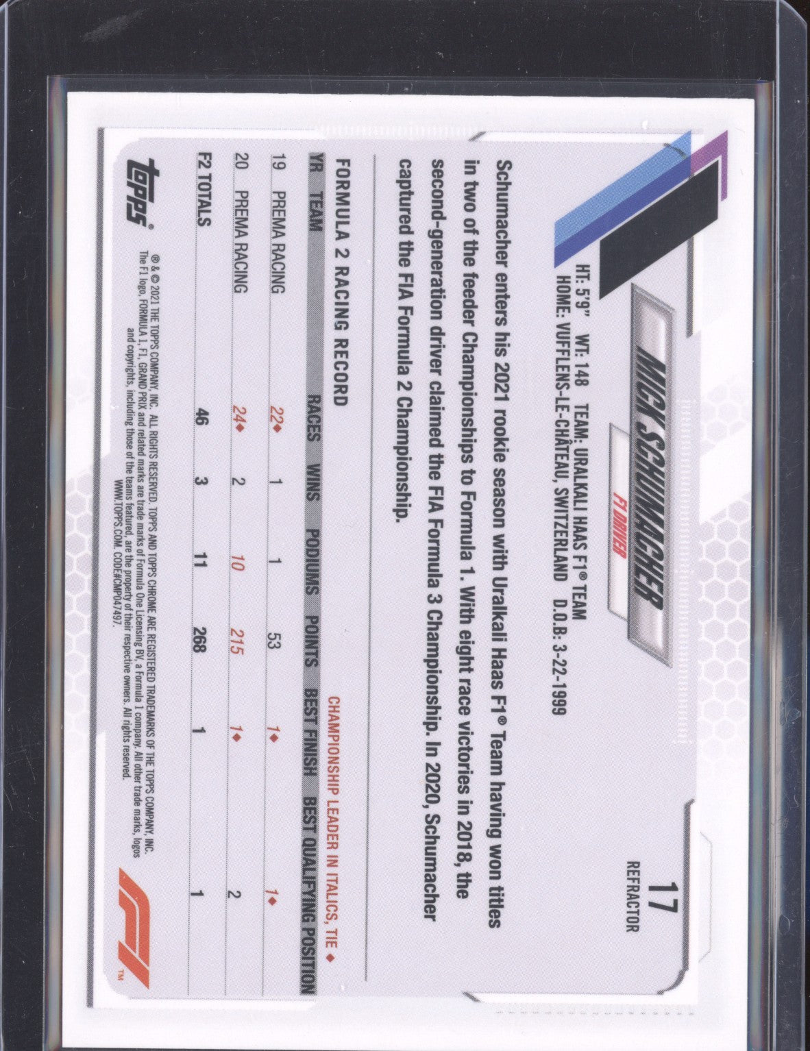 Mick Schumacher 2021 Topps Chrome Formula One 17 Refractor RC