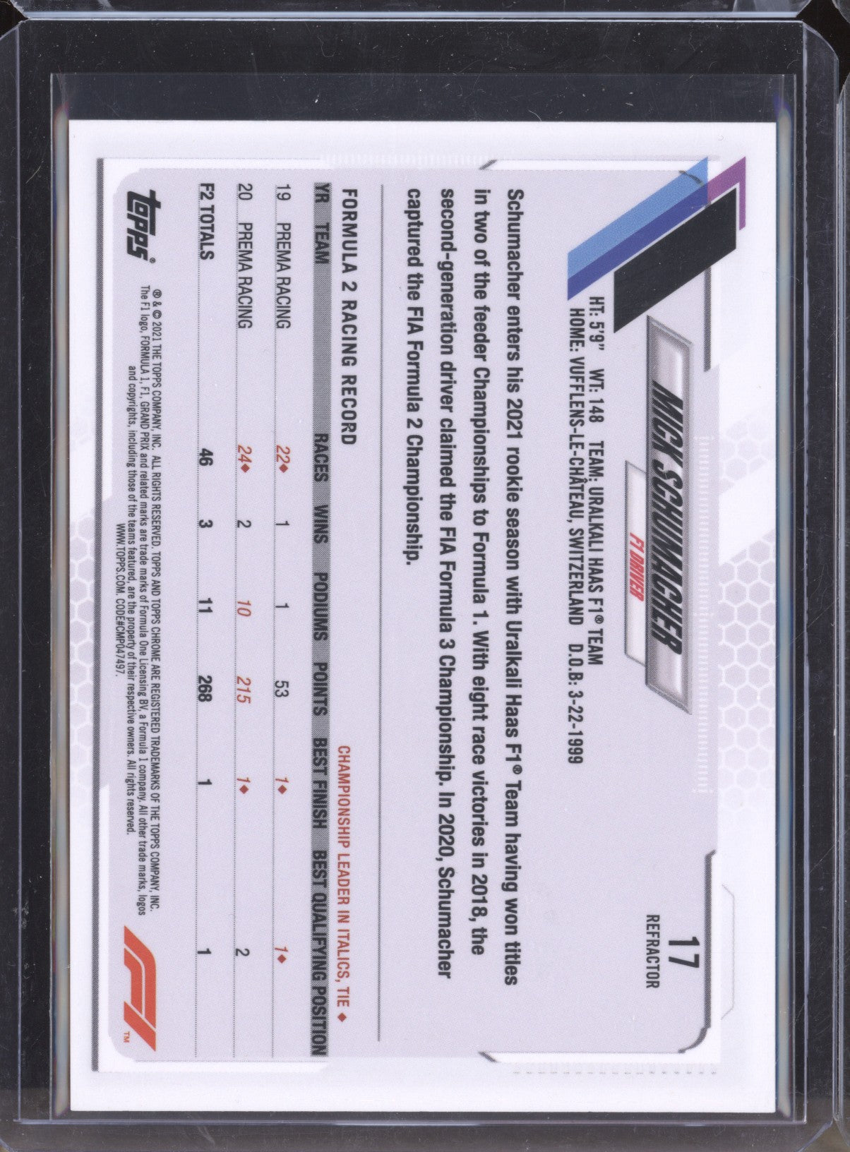 Mick Schumacher 2021 Topps Chrome Formula One 17 Refractor RC