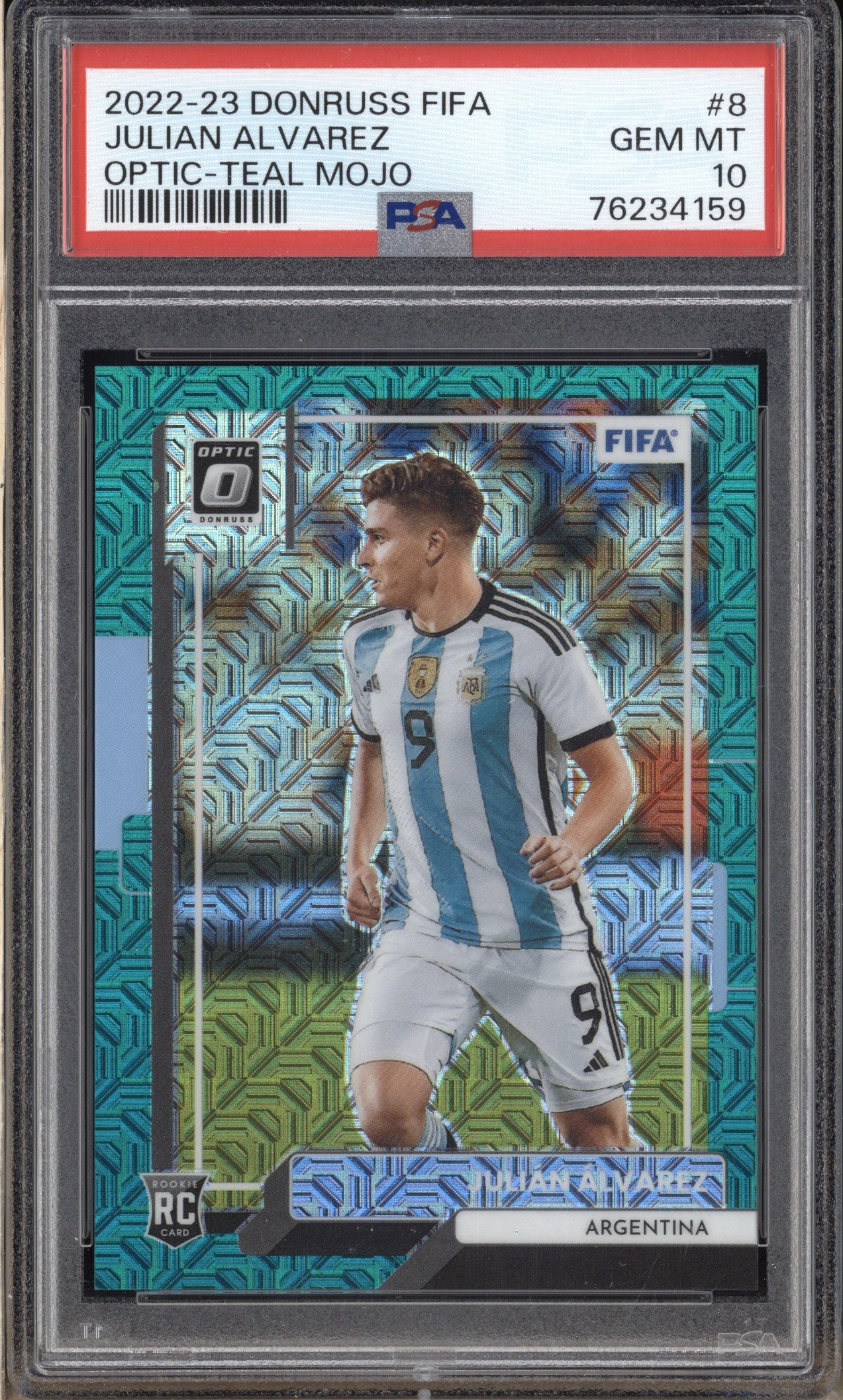Julian Alvarez 2022-23 Panini Donruss Soccer 8 Optic Teal Mojo RC 6/49 PSA 10