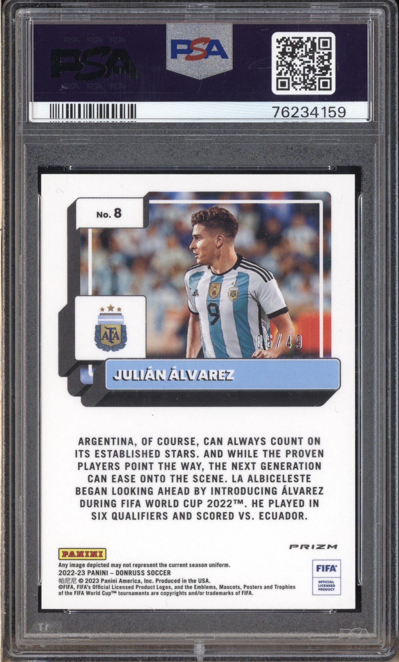 Julian Alvarez 2022-23 Panini Donruss Soccer 8 Optic Teal Mojo RC 6/49 PSA 10