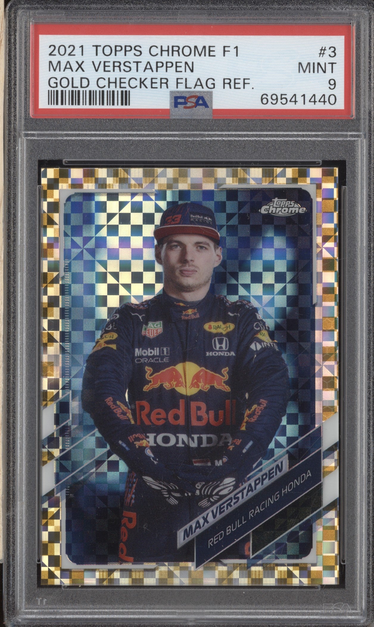Max Verstappen 2021 Topps Chrome Formula 1 3 Gold Checker Flag 34/50 PSA 9