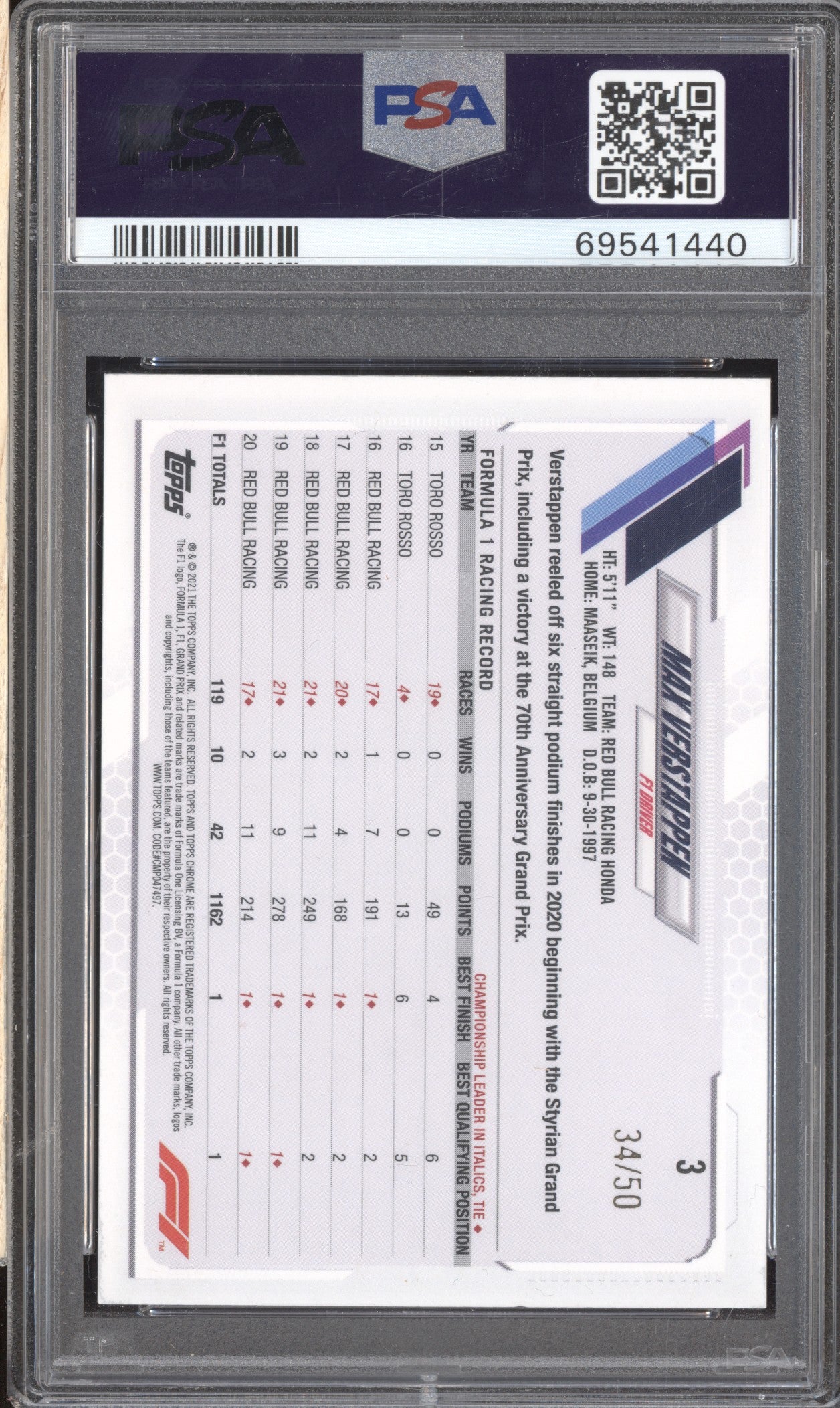 Max Verstappen 2021 Topps Chrome Formula 1 3 Gold Checker Flag 34/50 PSA 9