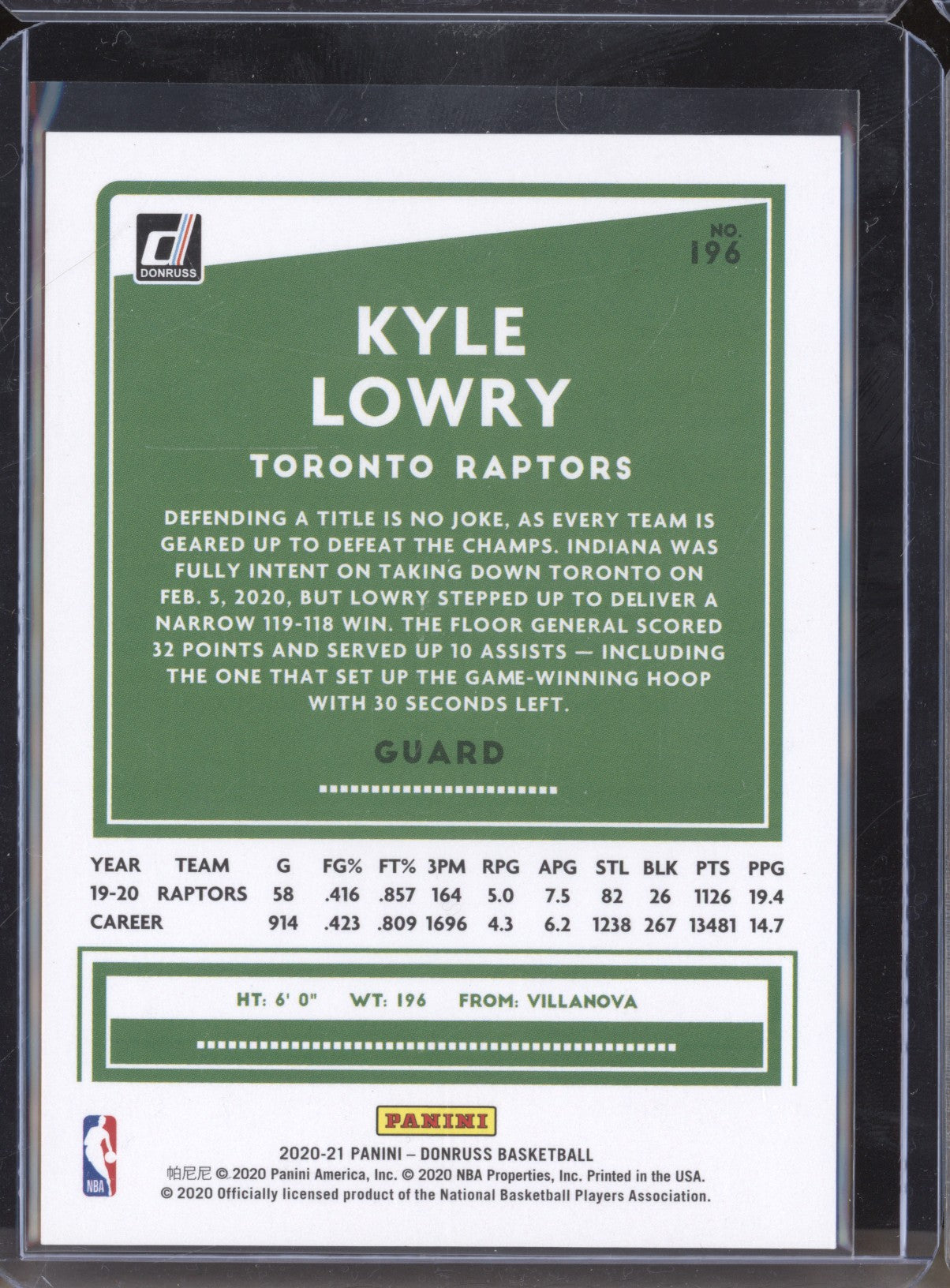Kyle Lowry 2020-21 Panini Donruss 196 Gold Laser 10/10 LPZ