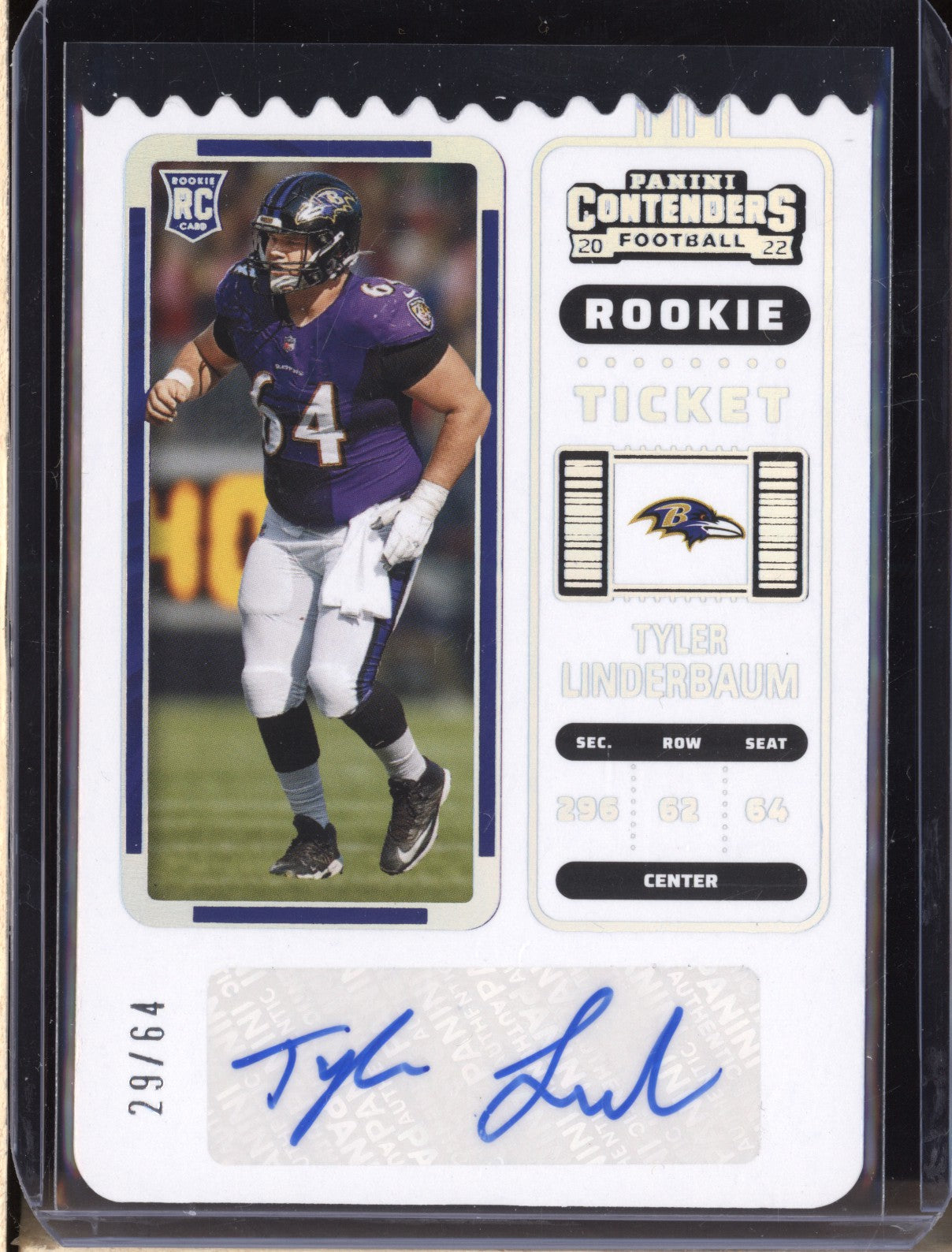 Tyler Linderbaum 2022 Panini Contenders 155 Stub Rookie Ticket Auto RC 29/64
