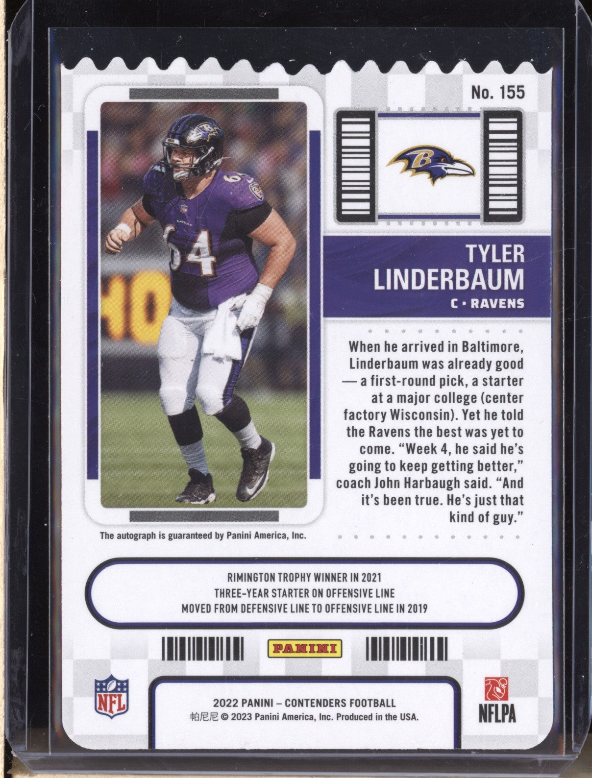 Tyler Linderbaum 2022 Panini Contenders 155 Stub Rookie Ticket Auto RC 29/64