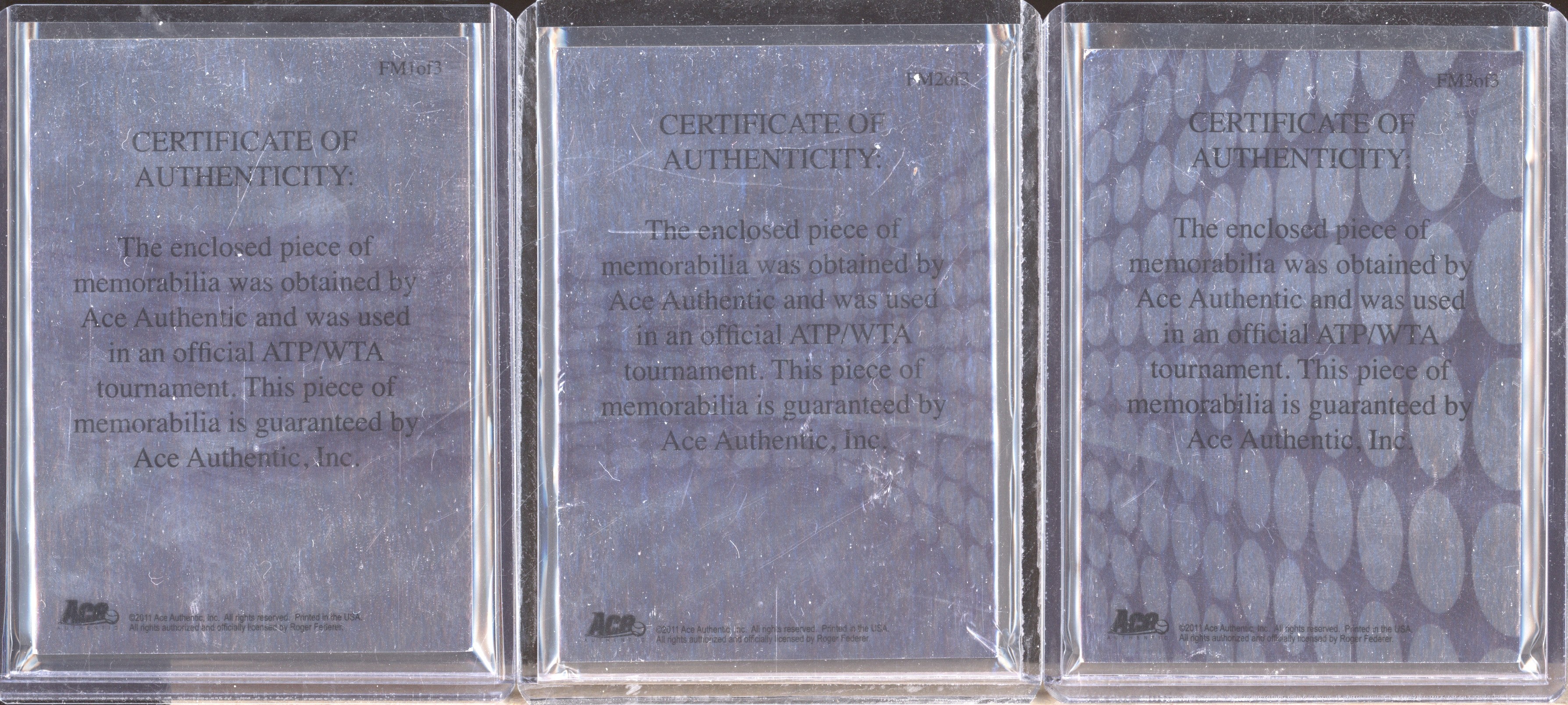 Roger Federer 2011 Ace Authentic FM1-2-3 Match Used Memorabilia