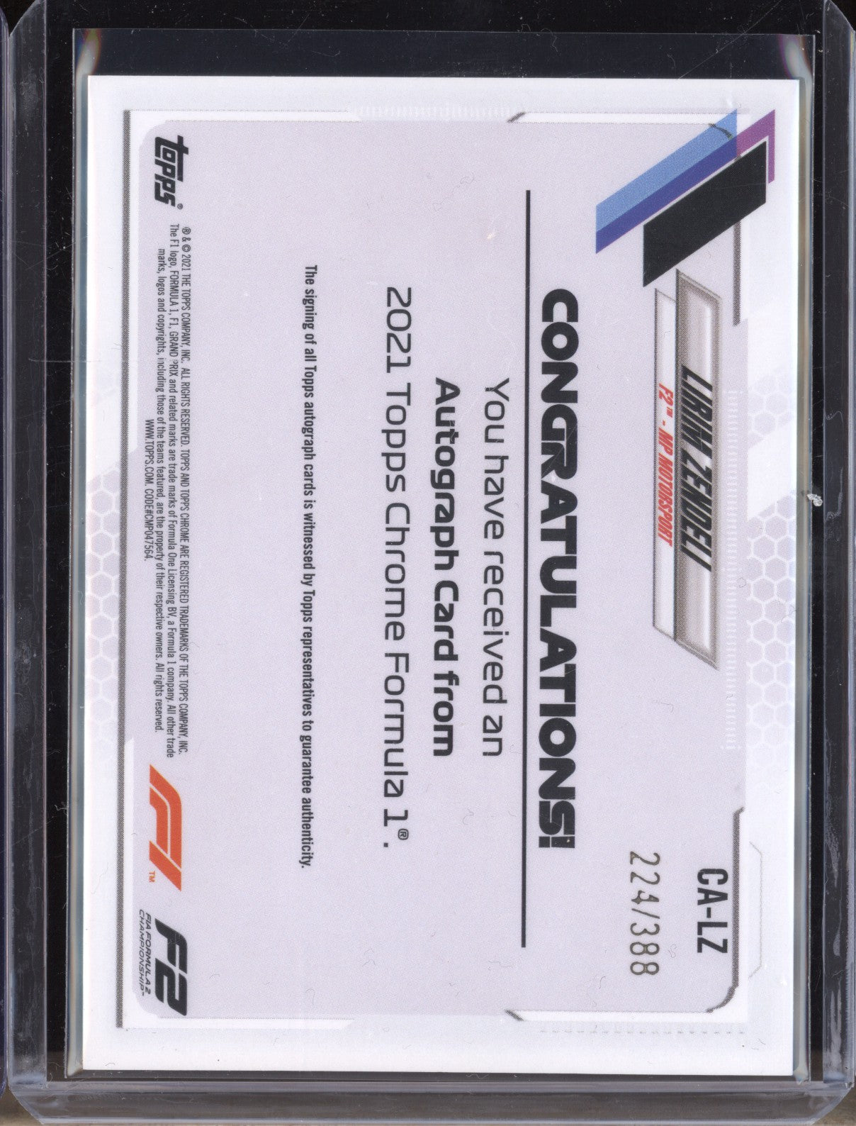 Lirim Zendeli 2021 Topps Chrome Formula 2 CA-LZ Auto 224/388