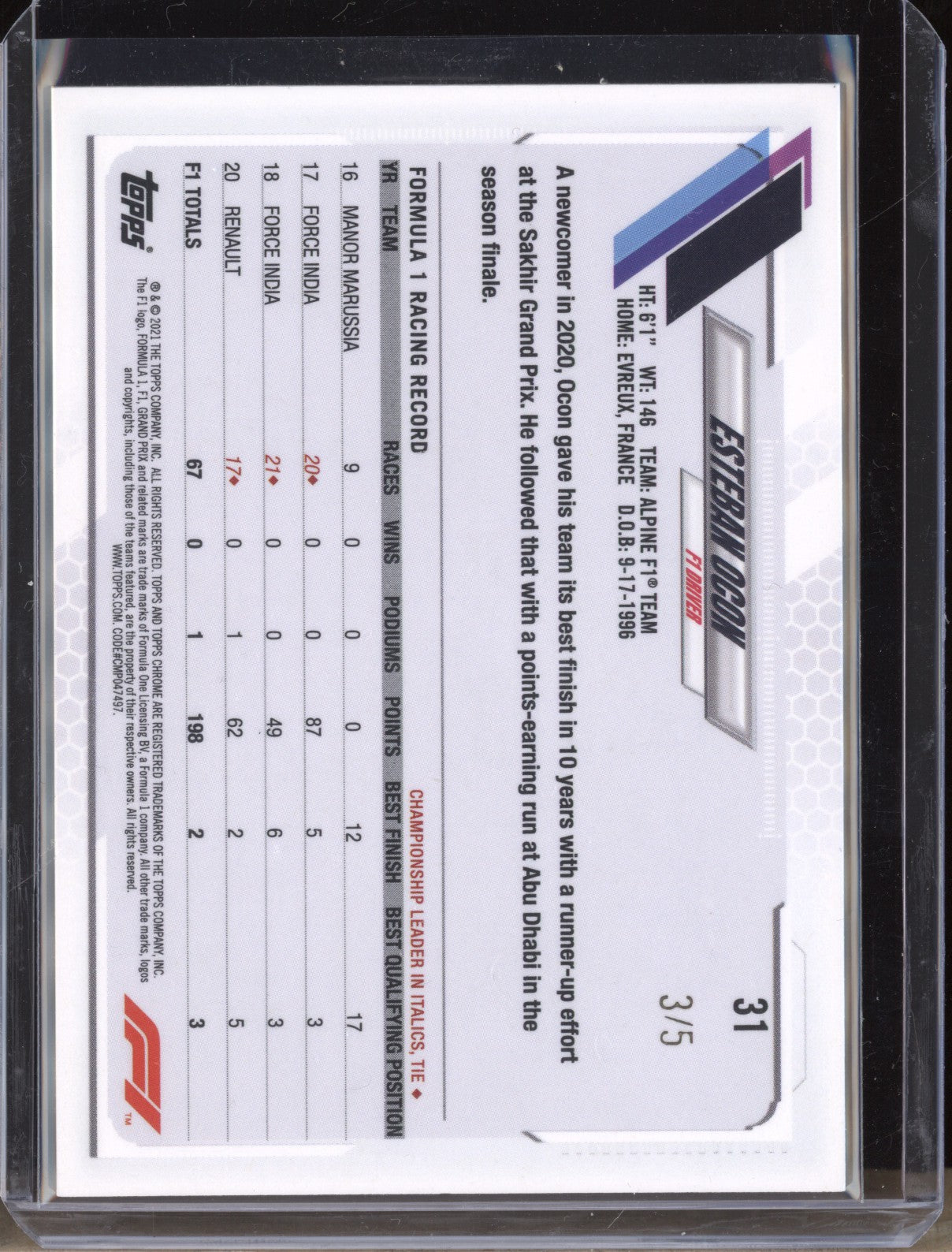 Esteban Ocon 2021 Topps Chrome Formula 3 31 Red Checker Flag 3/5