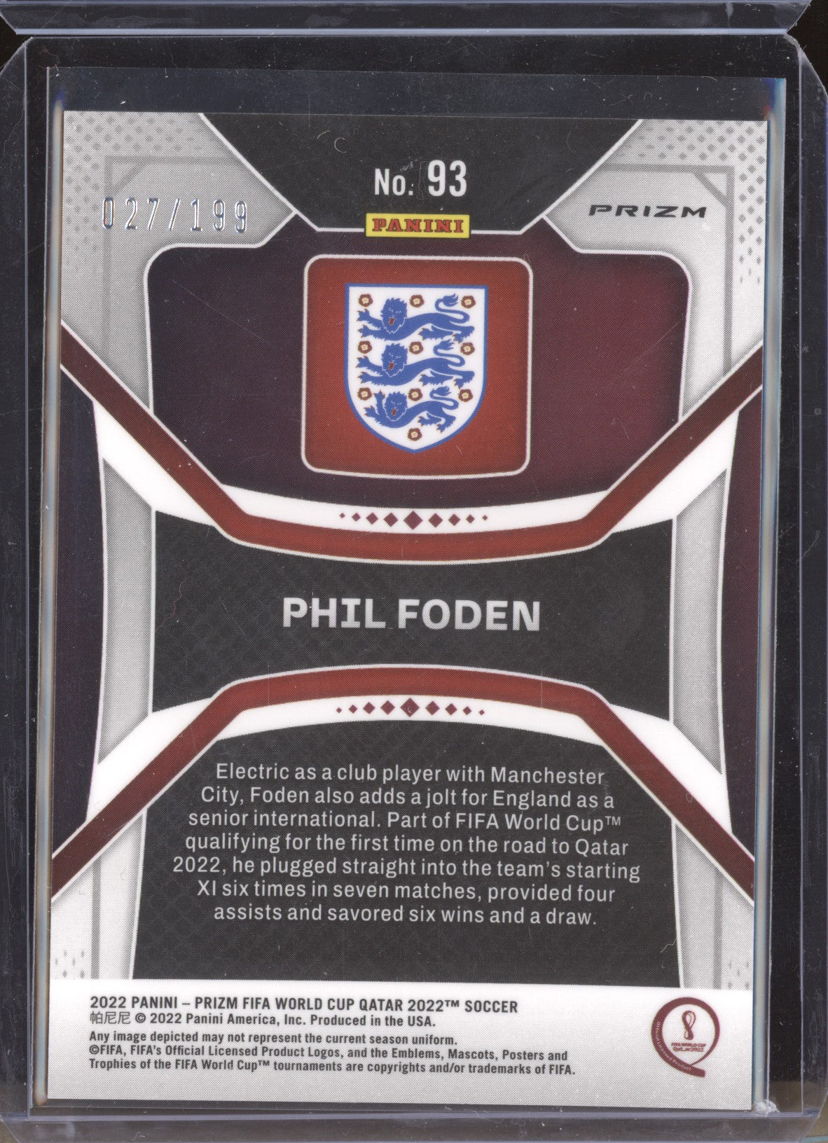 Phil Foden 2022 Panini Prizm World Cup 93 Blue Wave 27/199