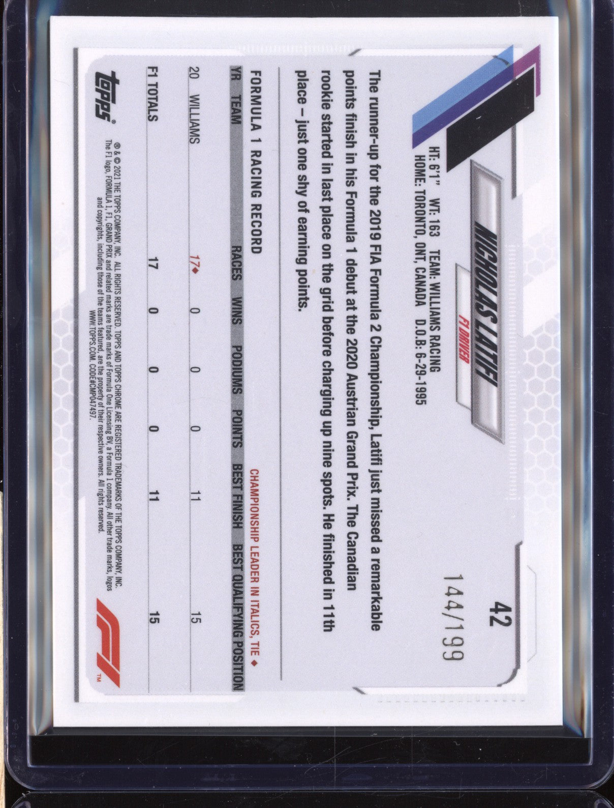 Nicholas Latifi 2021 Topps Chrome Formula 1 42 Purple Checker Flag 144/199