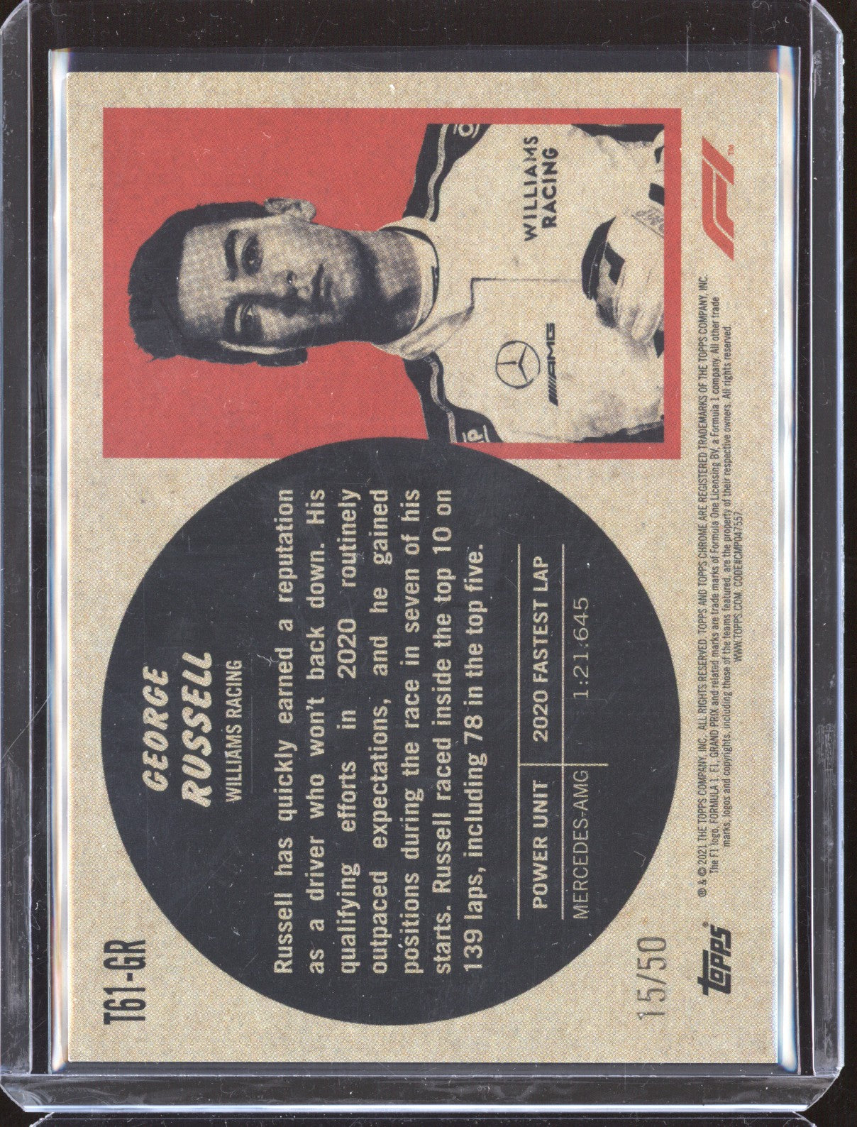 George Russell 2021 Topps Chrome Formula 6 1961 Topps Sports Cars Gold Wave /50