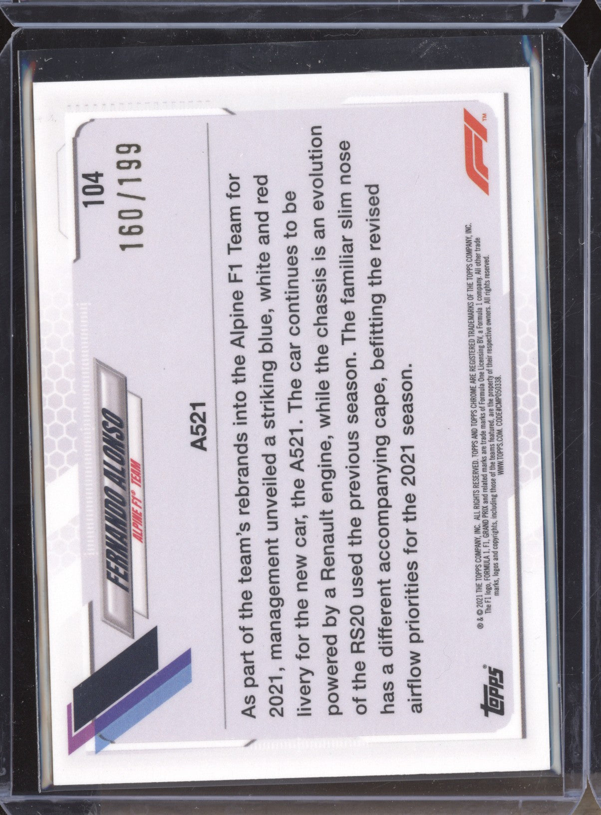 Fernando Alonso 2021 Topps Chrome Formula One Sapphire 104 Chartreuse 160/199