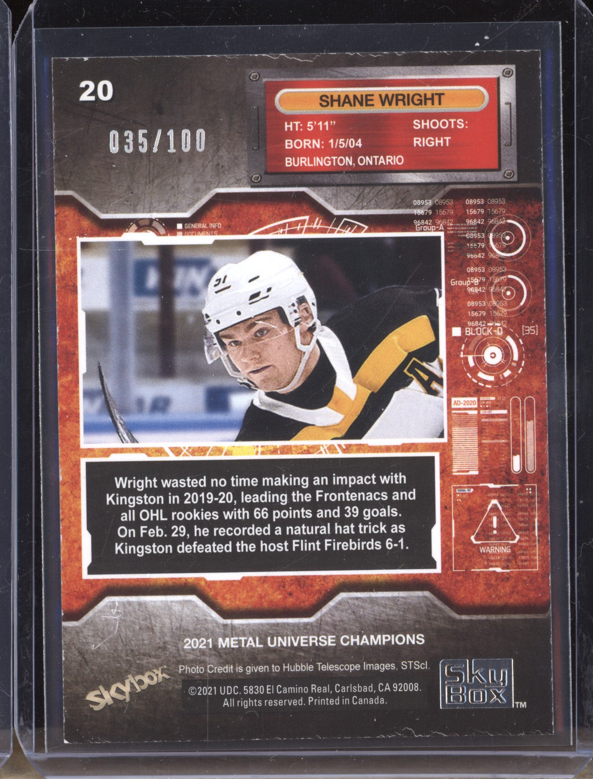 Shane Wright 2021 Upper Deck Metal Universe Champions PMG Orange 35/100