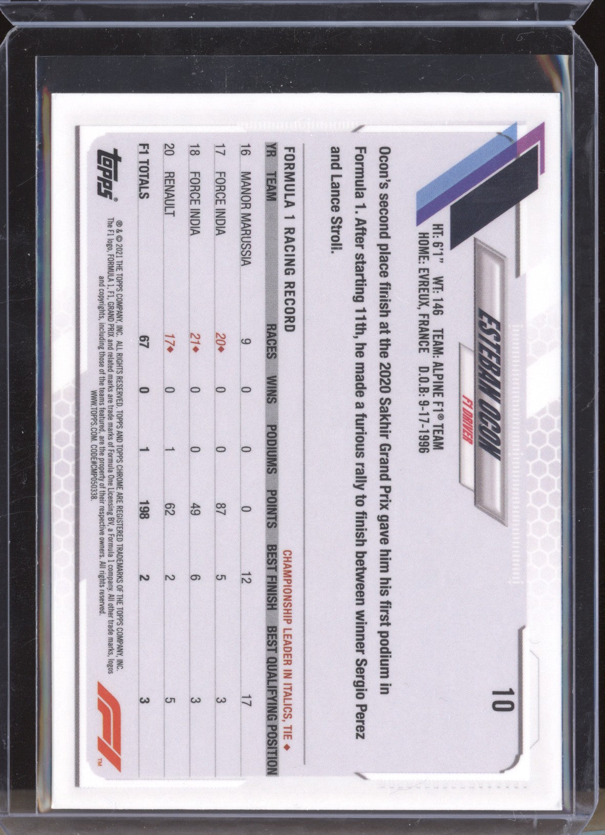 Esteban Ocon 2021 Topps Chrome Formula One Sapphire 10