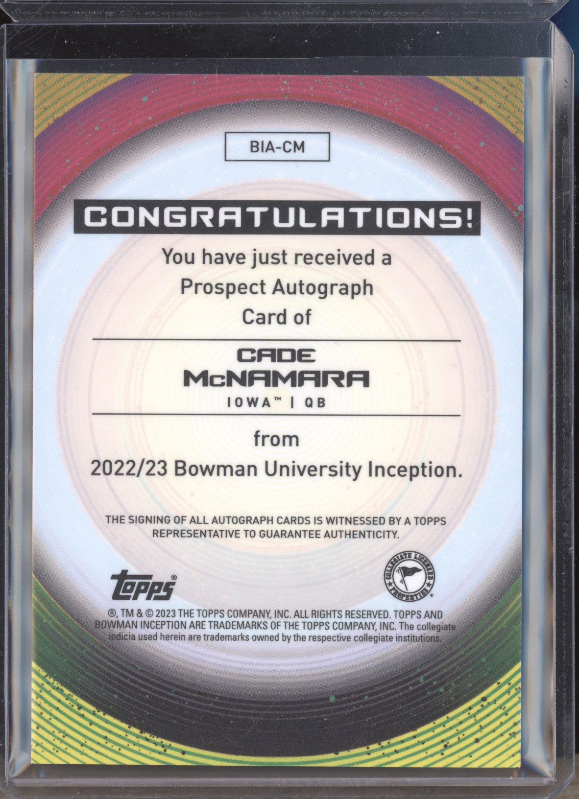 Cade McNamara 2022-23 Bowman University Inception Prospect Auto Blue RC 95/99