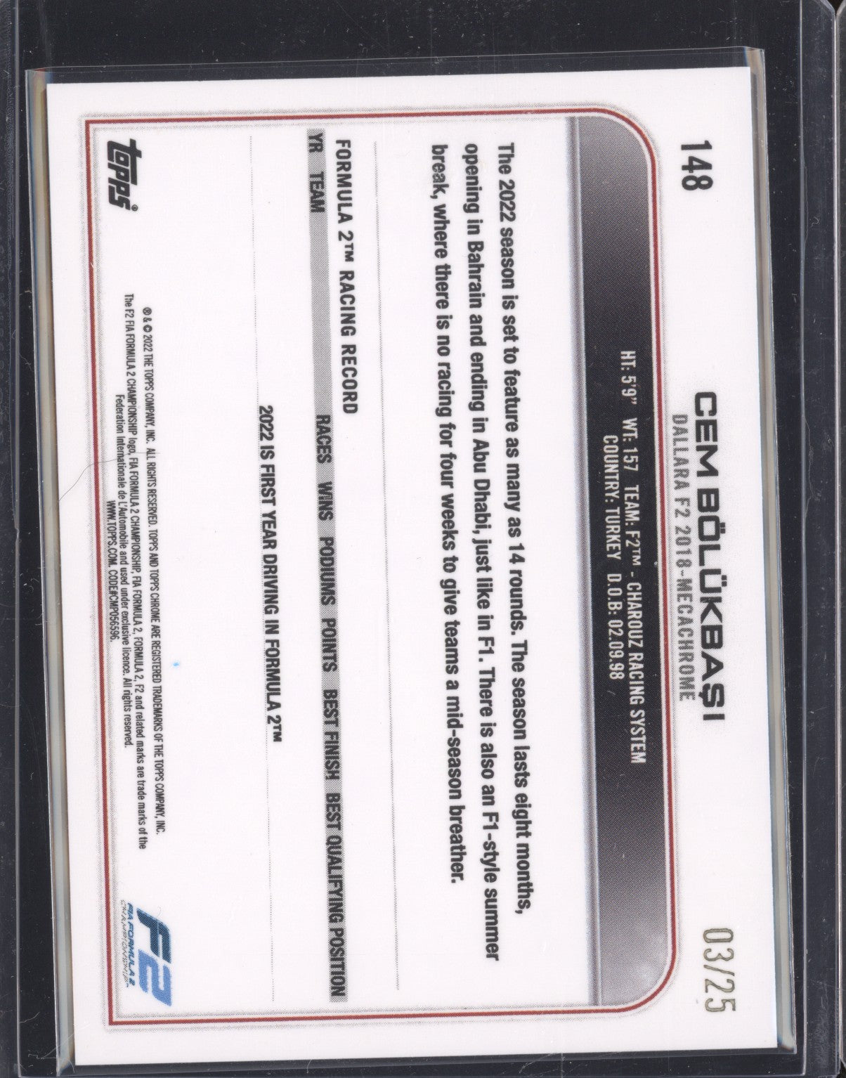 Cem Bolukbasi 2022 Topps Chrome Formula 1 148 Orange Wave 3/25