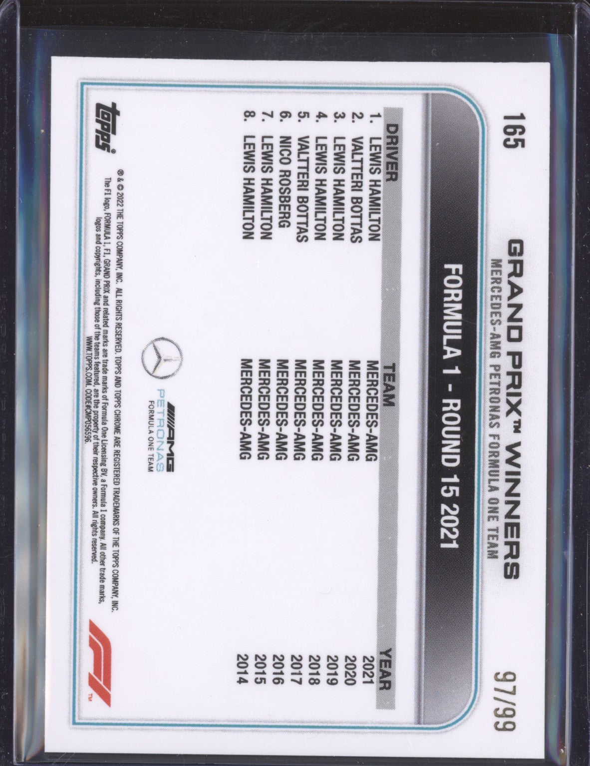 Lewis Hamilton 2022 Topps Chrome Formula 1 165 Green 97/99