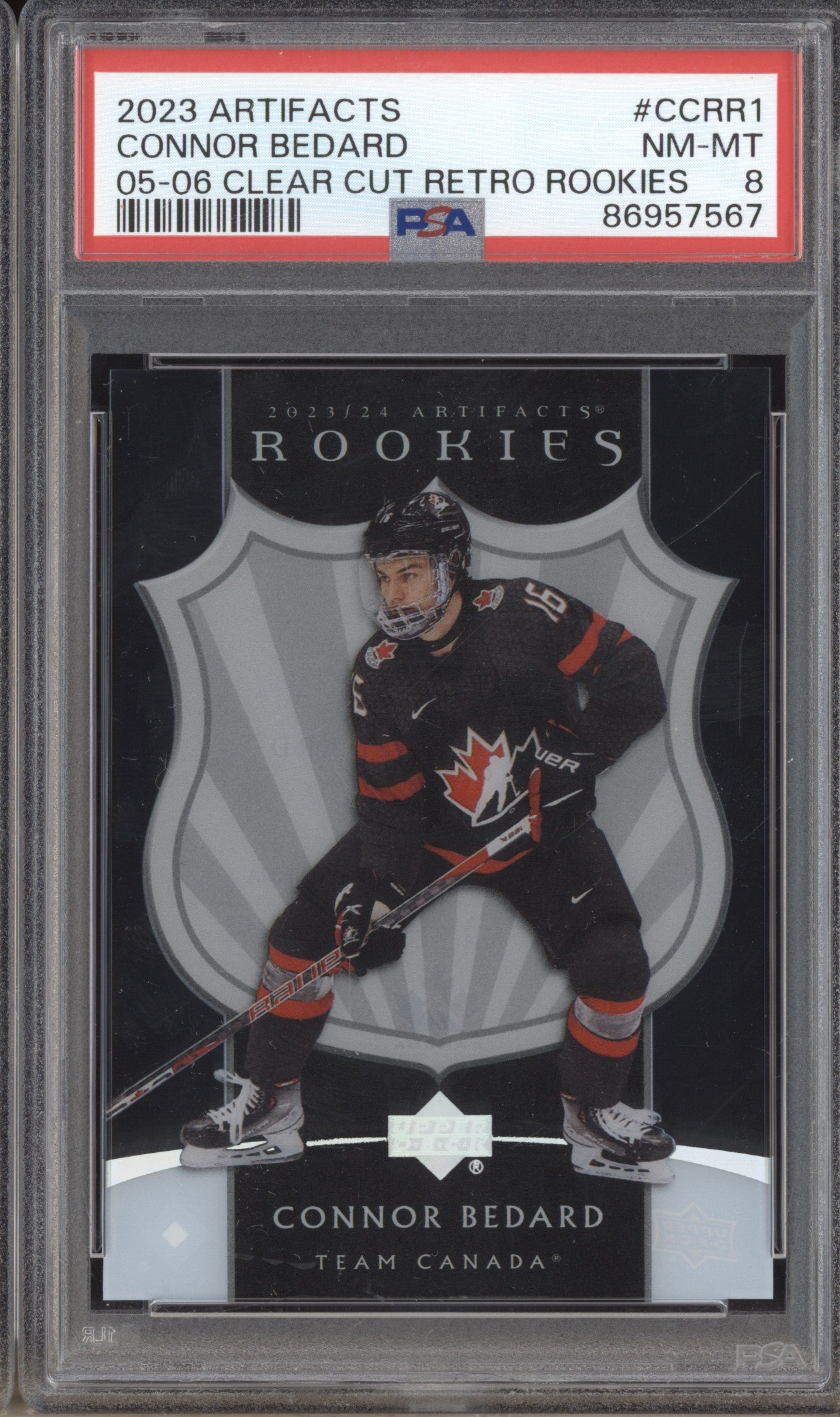 Connor Bedard 2023-24 UD Artifacts 2005/06 Clear Cut Retro Rookies RC PSA 8