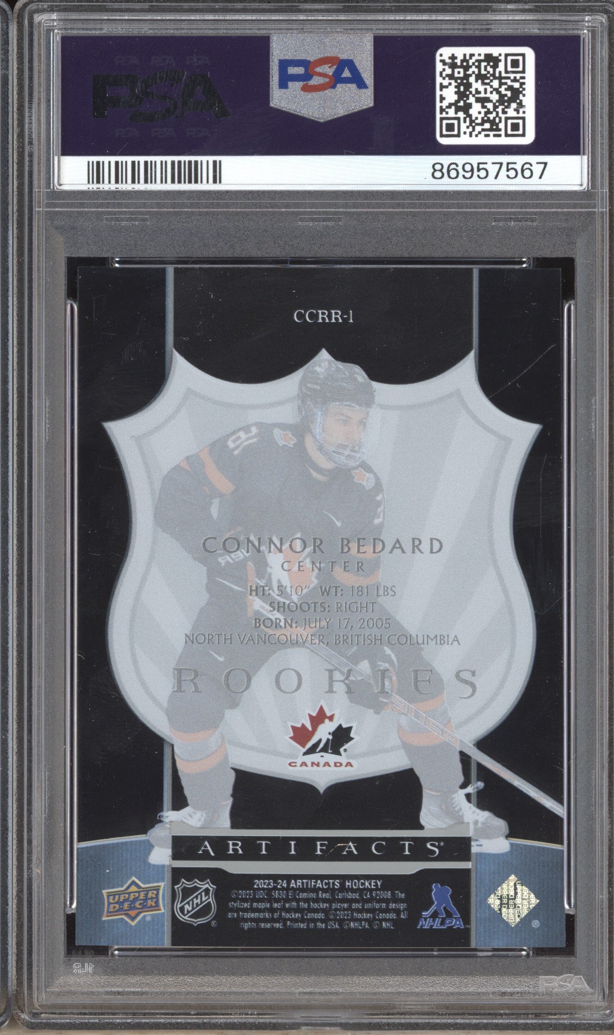 Connor Bedard 2023-24 UD Artifacts 2005/06 Clear Cut Retro Rookies RC PSA 8