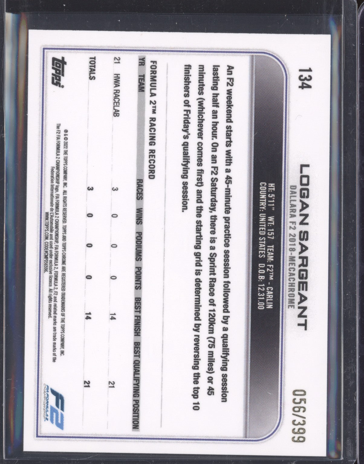 Logan Sargeant 2022 Topps Chrome Formula 1 134 Purple 56/399