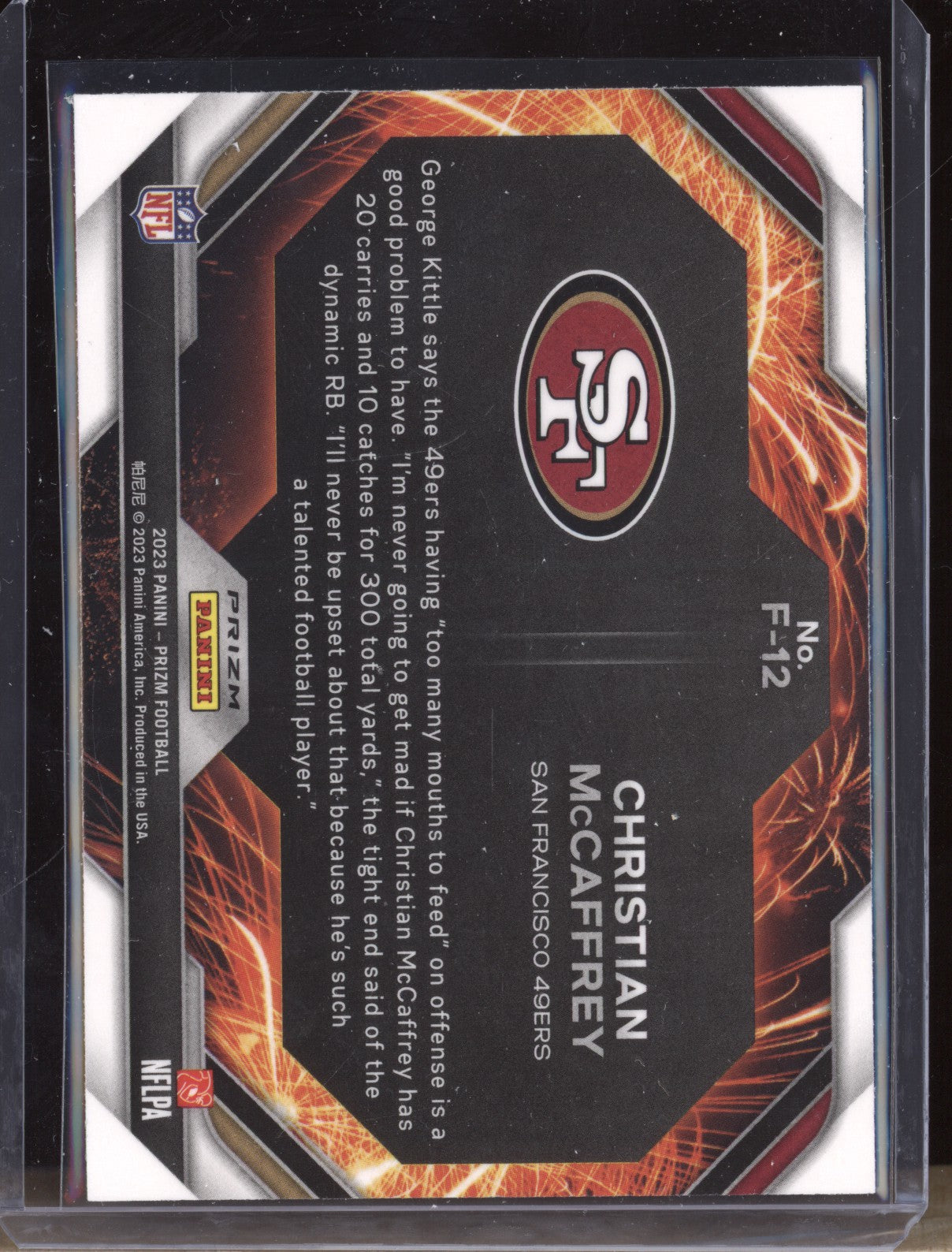 Christian McCaffrey 2023 Panini Prizm F-12 Fireworks Silver