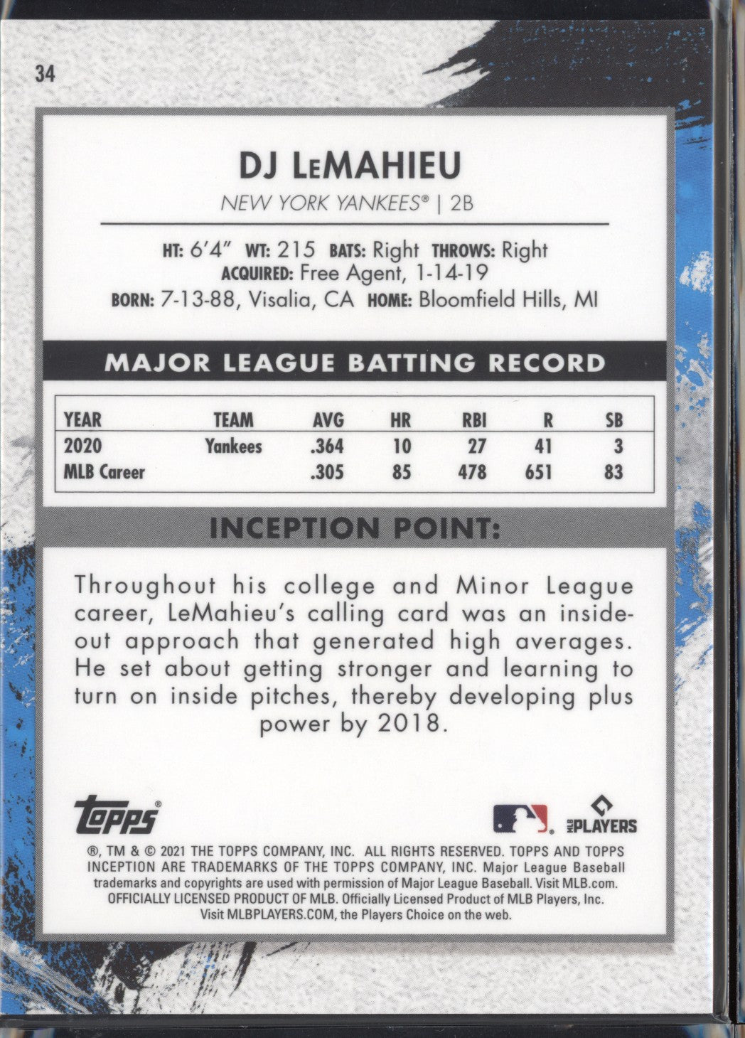 DJ LeMahieu 2020 Topps Inception