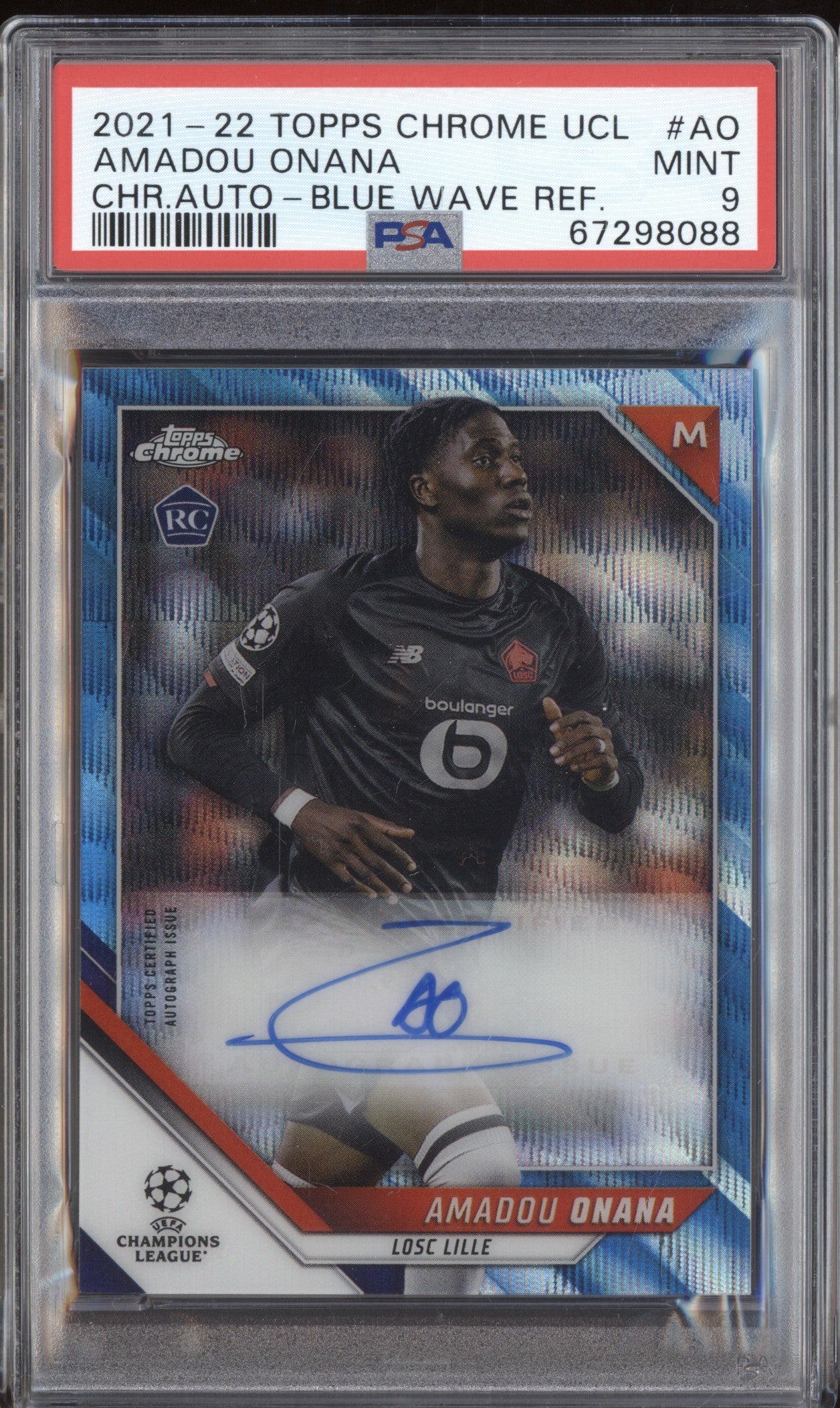 Amadou Onana 2021-22 Topps Chrome UCL CA-AO Blue Wave Refractor Auto RC 55/75 PSA 9
