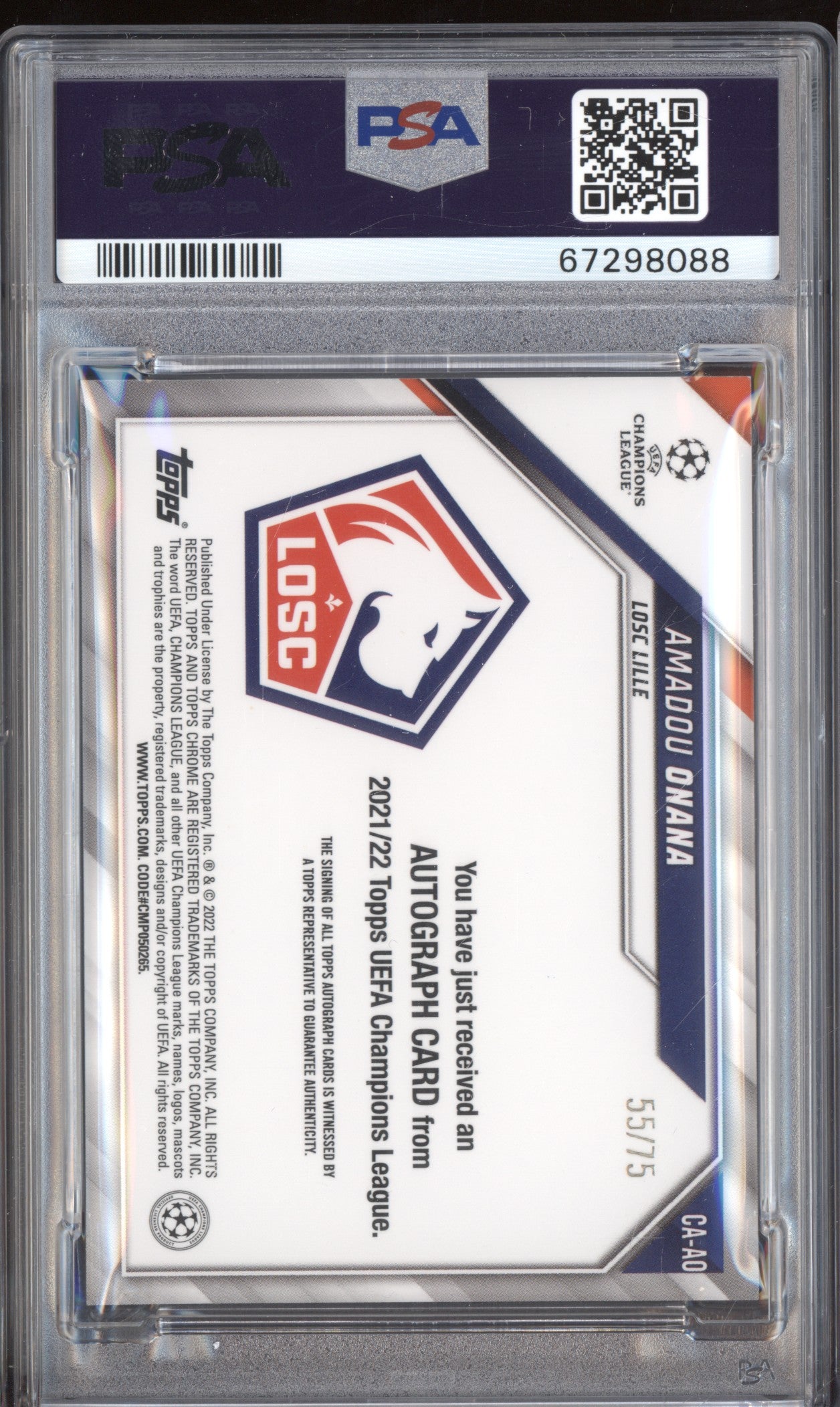 Amadou Onana 2021-22 Topps Chrome UCL CA-AO Blue Wave Refractor Auto RC 55/75 PSA 9