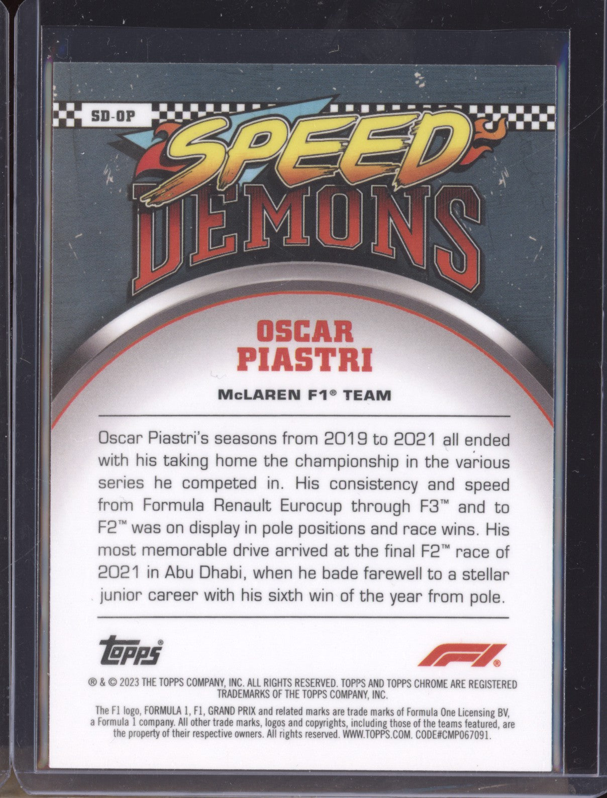 Oscar Piastri 2023 Topps Chrome Formula 1 SD-OP Speed Demons RC