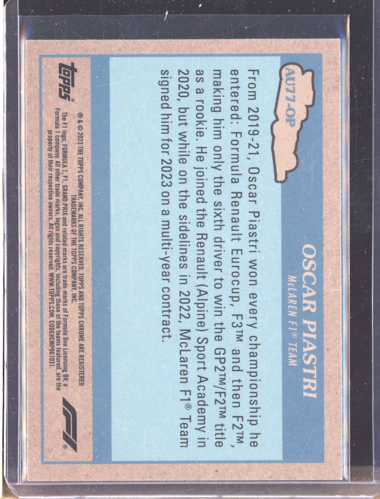 Oscar Piastri 2023 Topps Chrome Formula 1 AU77-OP Autos of 1977 RC