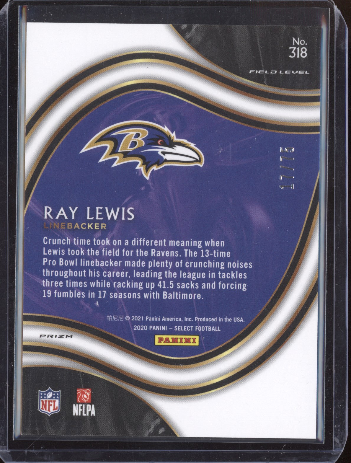Ray Lewis 2020 Panini Select 318 Tri Color 17/75