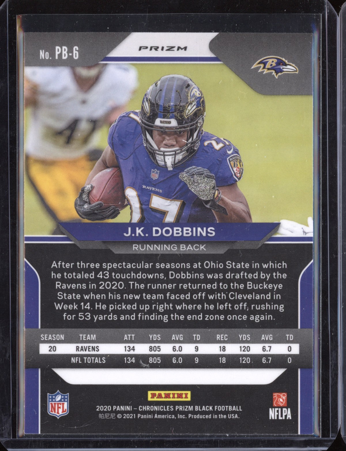 J.K. Dobbins 2020 Panini Chronicles Prizm Black Silver RC