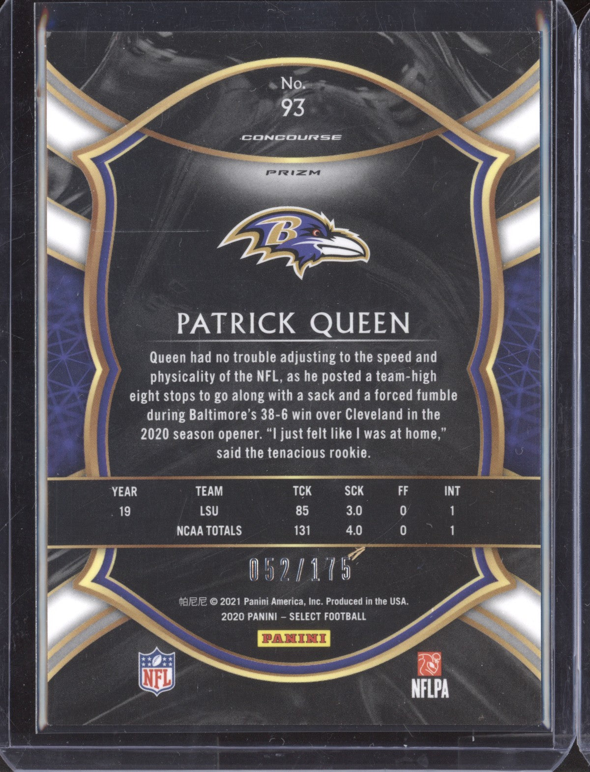 Patrick Queen 2020 Panini Select 93 Blue RC 52/175