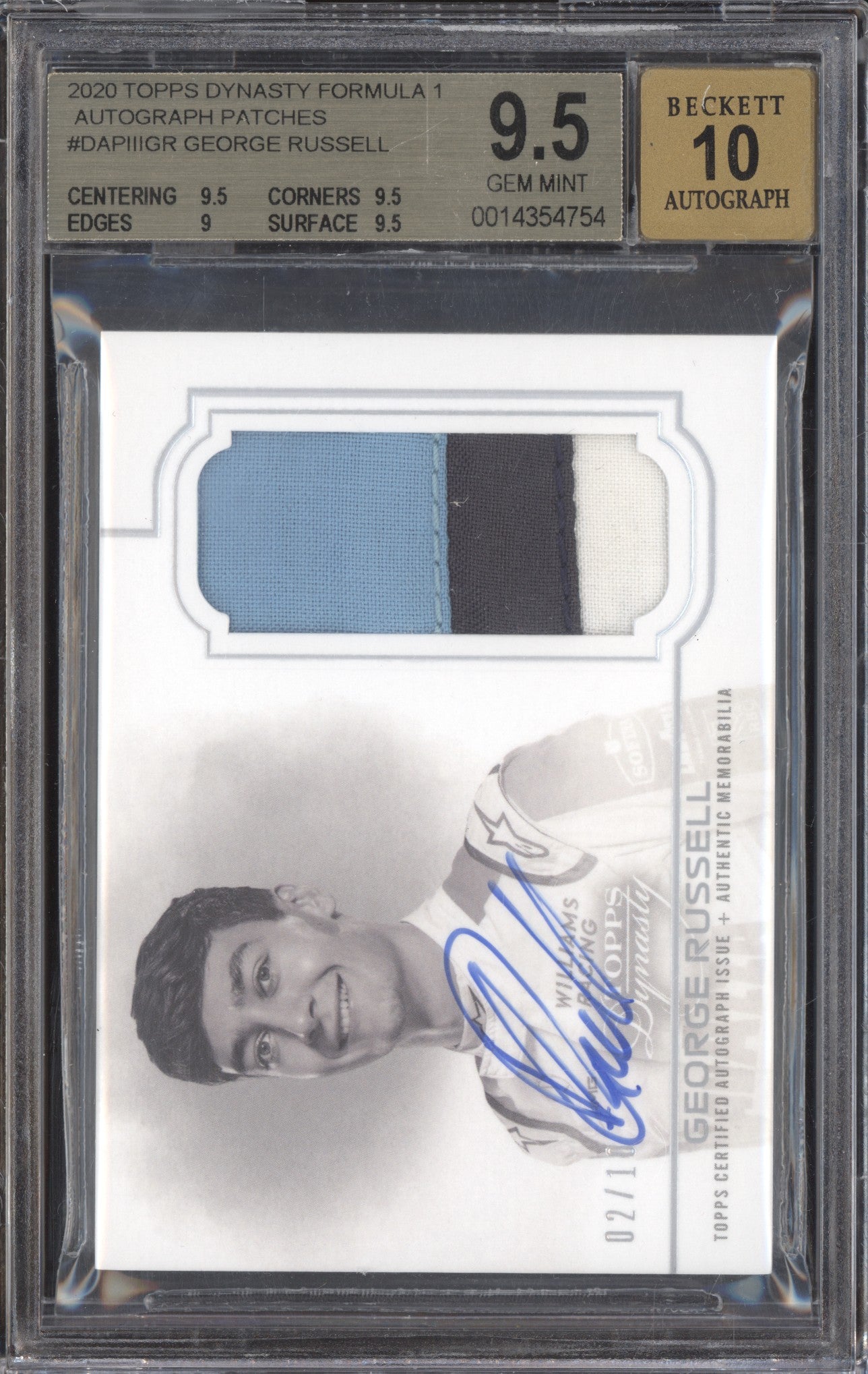 George Russell 2020 Topps Dynasty Formula 1 DAP-IIIGR Patch Auto 2/10 BGS 9.5/10