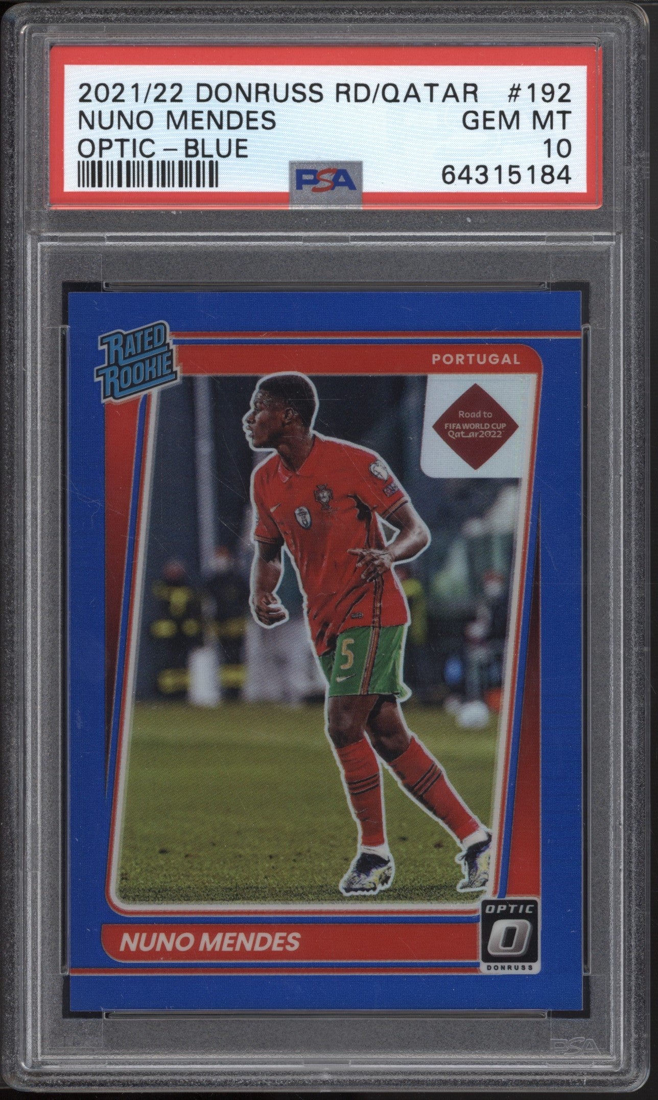 Nuno Mendes 2021/22 Panini Donruss Road to Qatar Rated Rookie Blue Holo RC 88/99 PSA 10