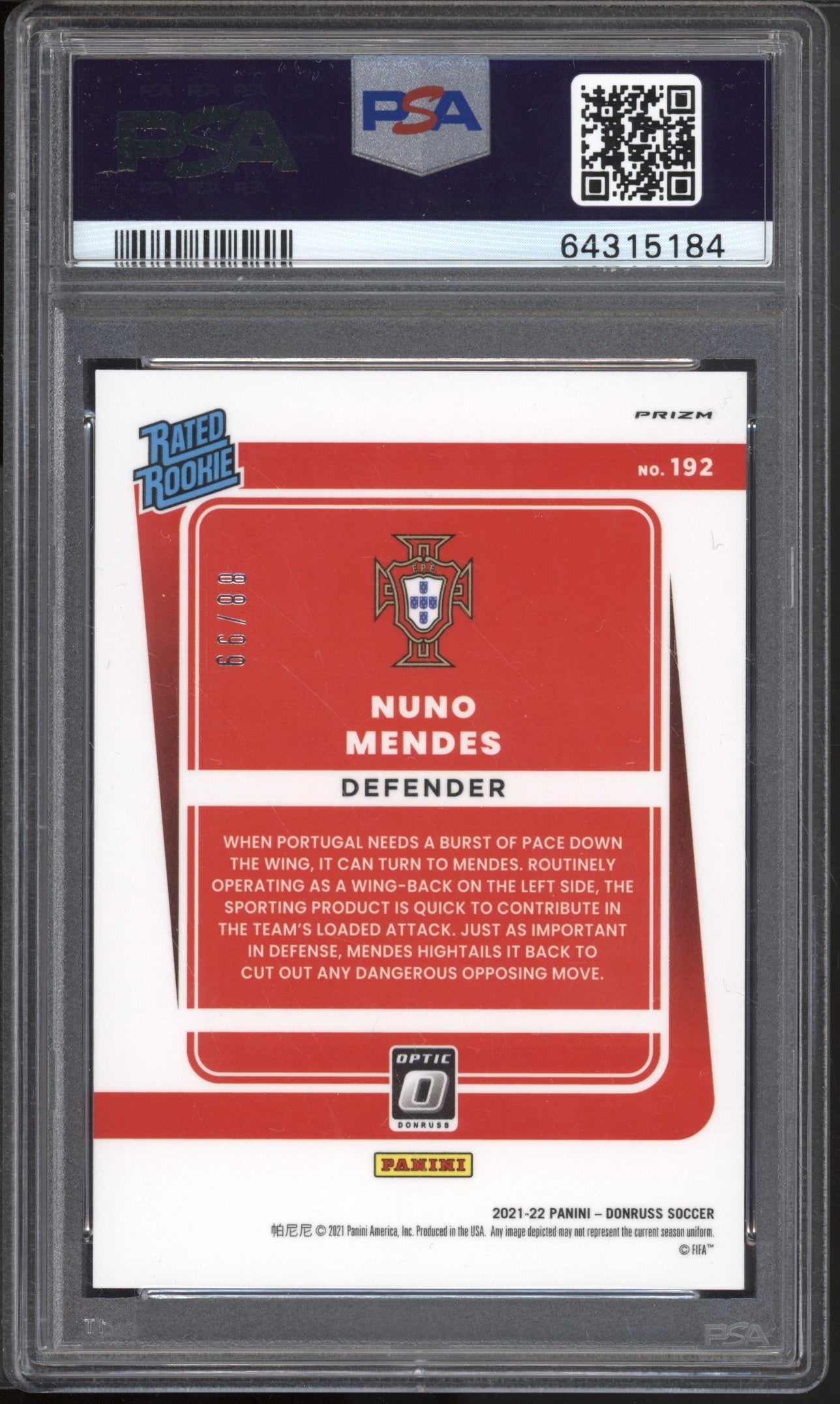 Nuno Mendes 2021/22 Panini Donruss Road to Qatar Rated Rookie Blue Holo RC 88/99 PSA 10