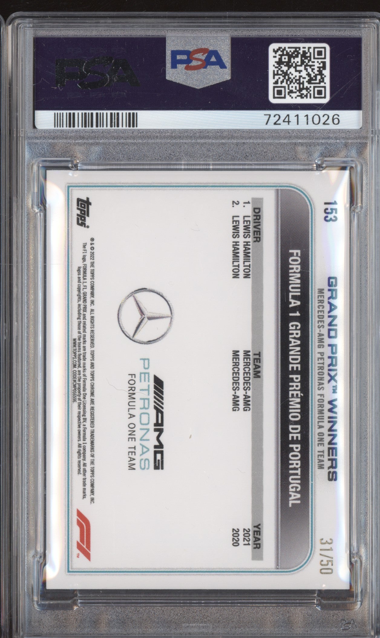 Lewis Hamilton 2022 Topps Chrome Formula 1 153 Gold Checker Flag 31/50 PSA 9