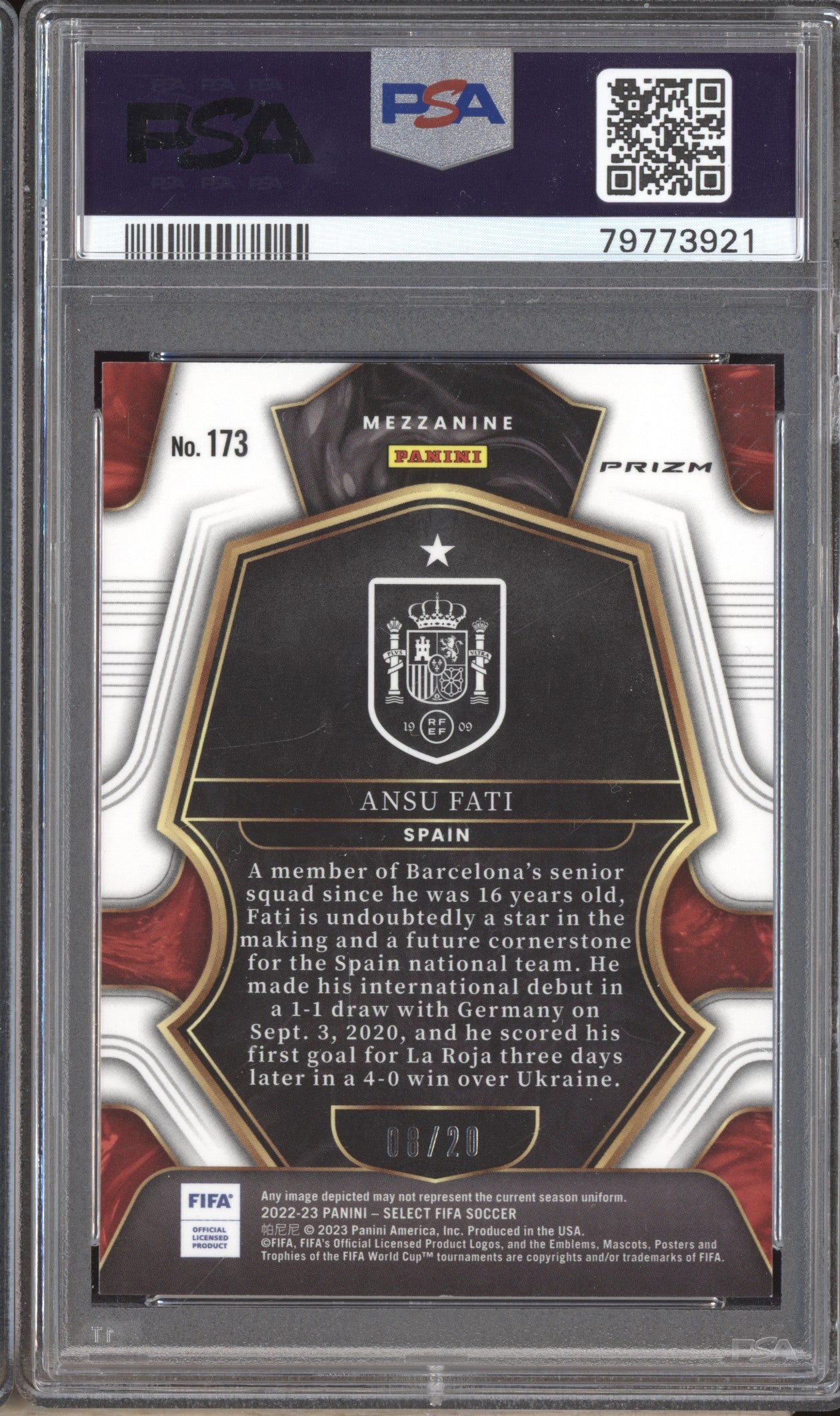 Ansu Fati 2022-23 Panini Select FIFA 173 Mezzanine White 8/20 Pop 1 PSA 9