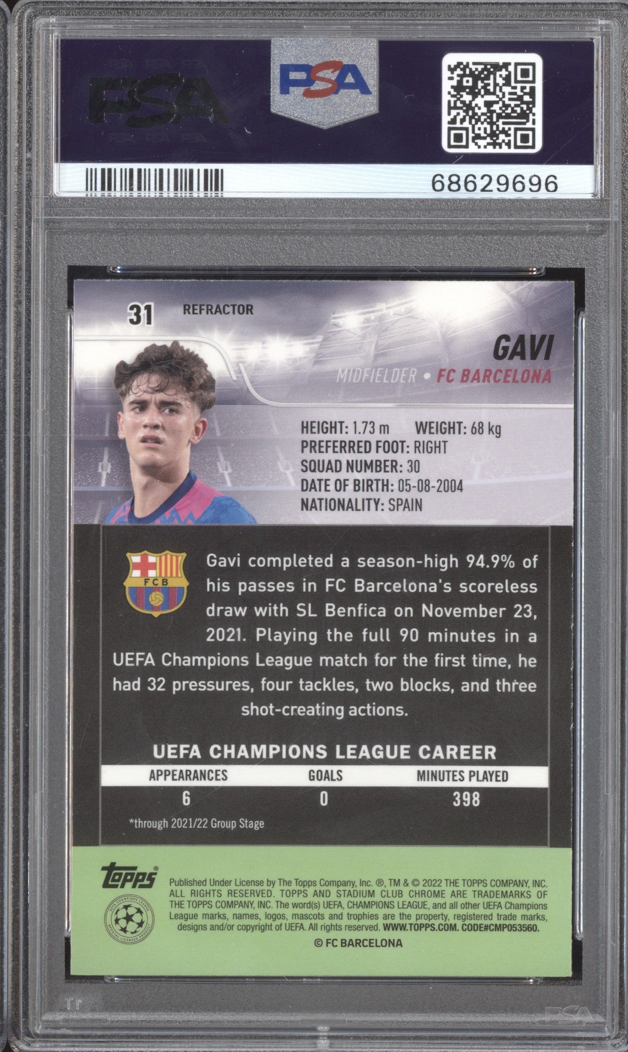 Gavi 2021-22 Topps Stadium Club Chrome UCL 31 Refractor RC PSA 10