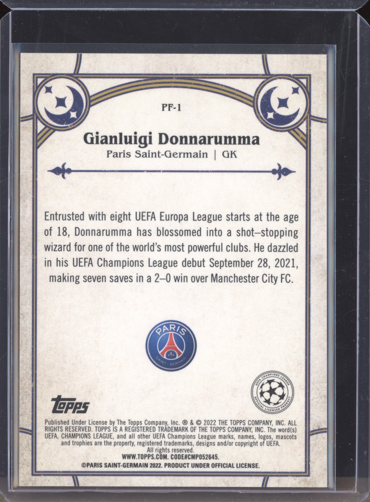 Gianluigi Donnarumma 2021-22 Topps Merlin Chrome UEFA PF-1 Prophecy Fulfilled