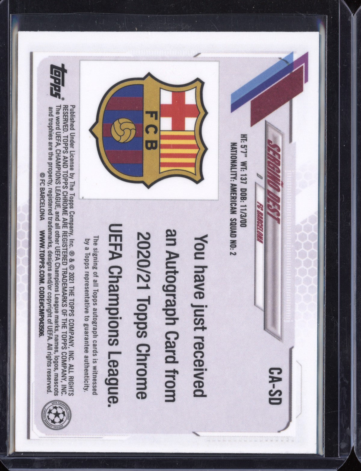 Sergino Dest 2020-21 Topps Chrome UEFA Champions League Refractor Auto