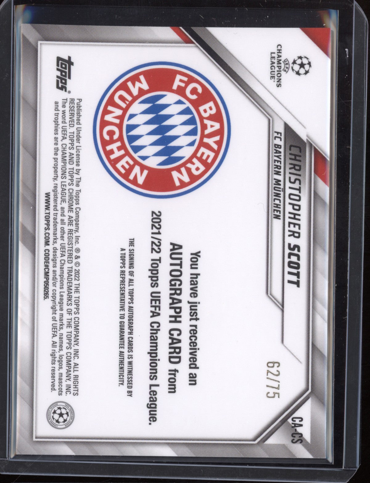 Christopher Scott 2021/22 Topps Chrome UEFA Champions League Blue Wave Auto RC 62/75