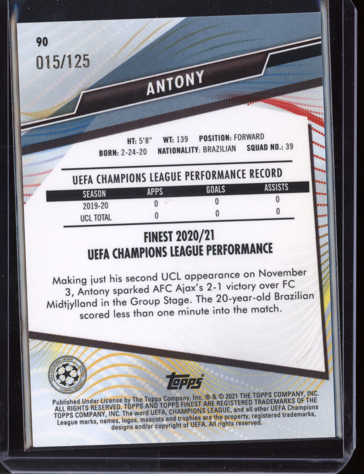 Antony 2021 Topps Finest Champions League Pink Prism Refractor RC 15/125