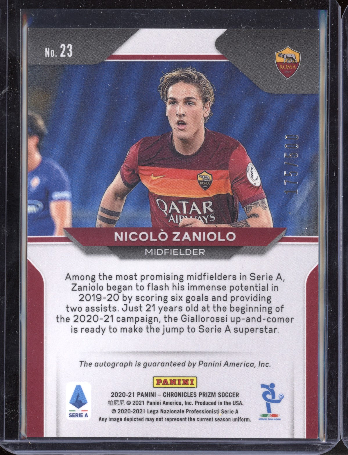 Nicolo Zaniolo 2020 Panini Chronicles Soccer Prizm La Liga Autograph 175/500