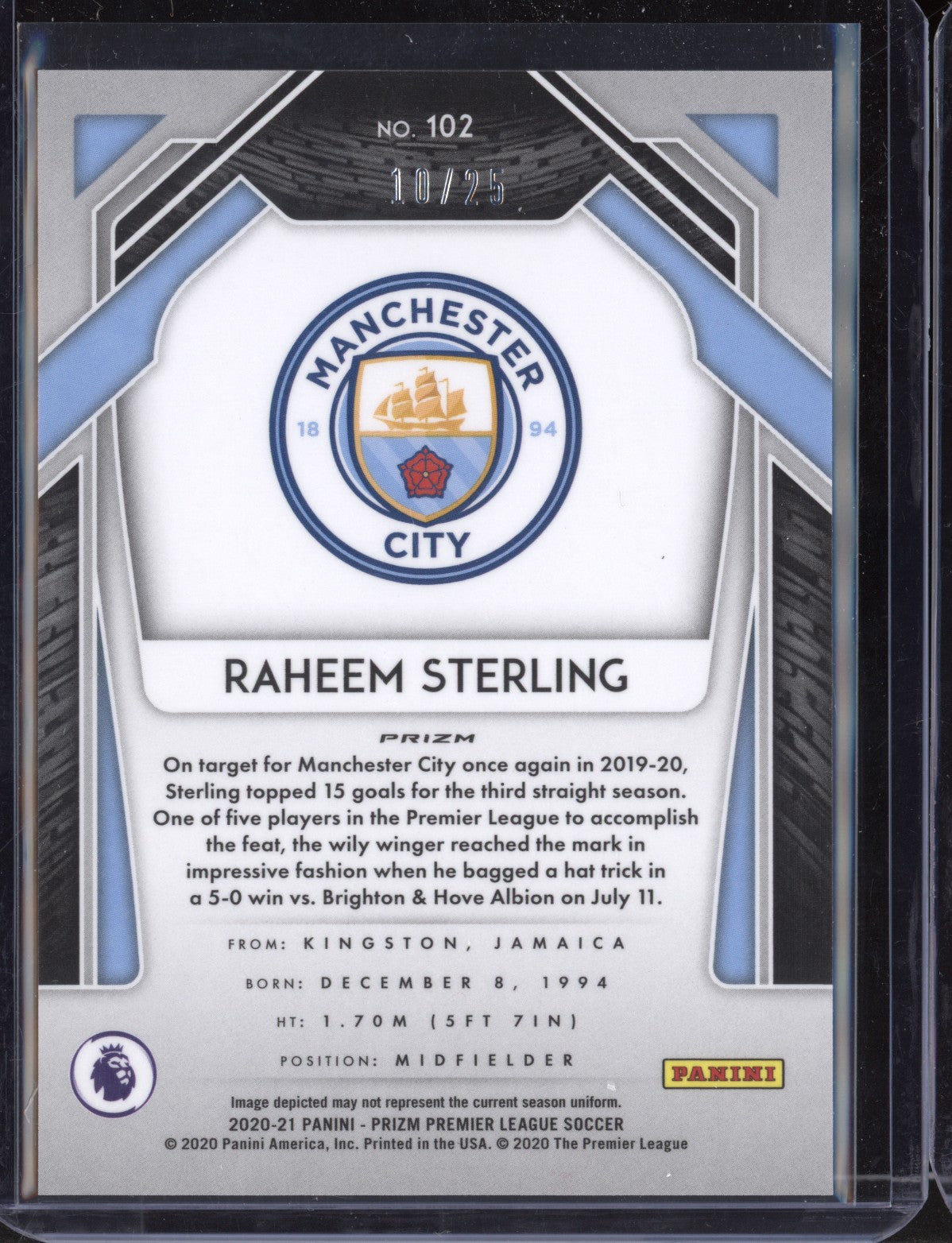 Raheem Sterling 2020 Panini Prizm Premier League Bronze Breakaway Prizm 10/25