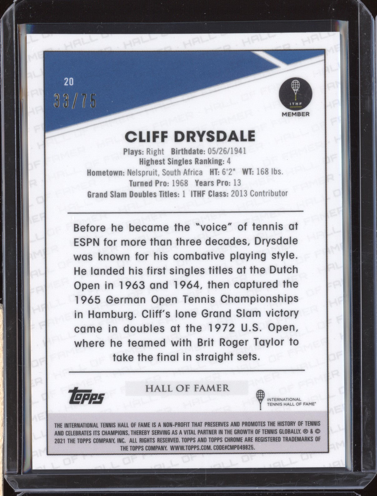 Cliff Drysdale 2021 Topps Chrome Tennis 20 Green 33/75