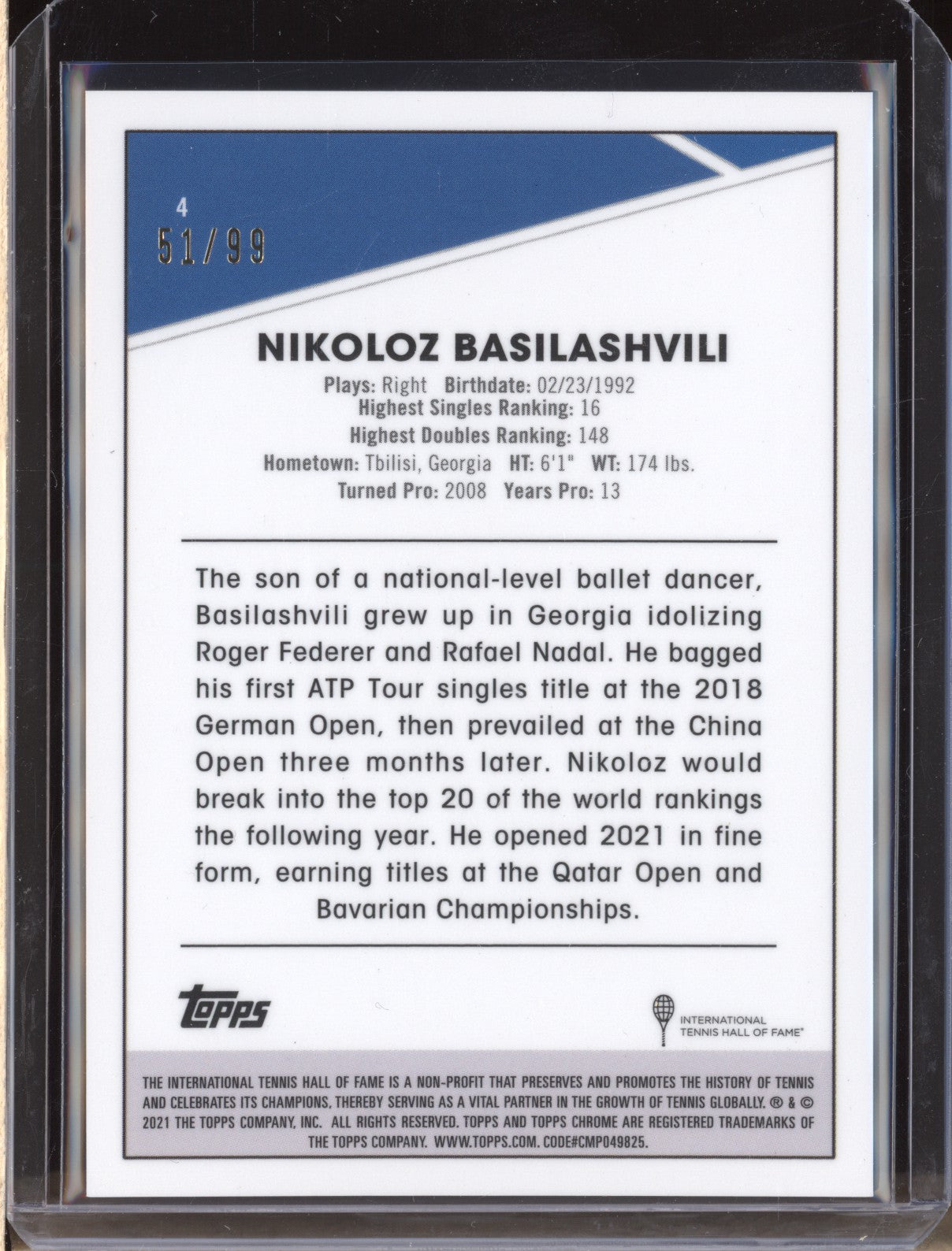 Nikoloz Basilashvili 2021 Topps Chrome Tennis 4 Blue RayWave 51/99