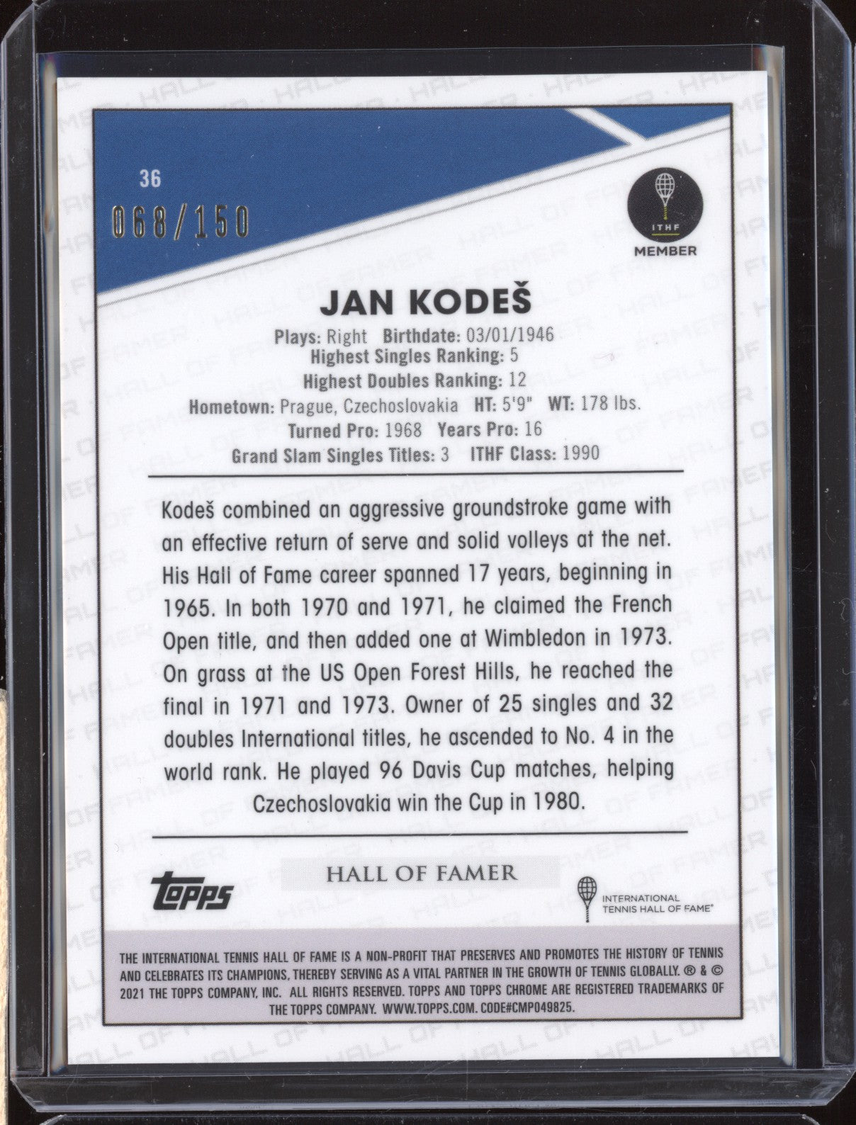 Jan Kodes 2021 Topps Chrome Tennis 36 Aqua 68/150