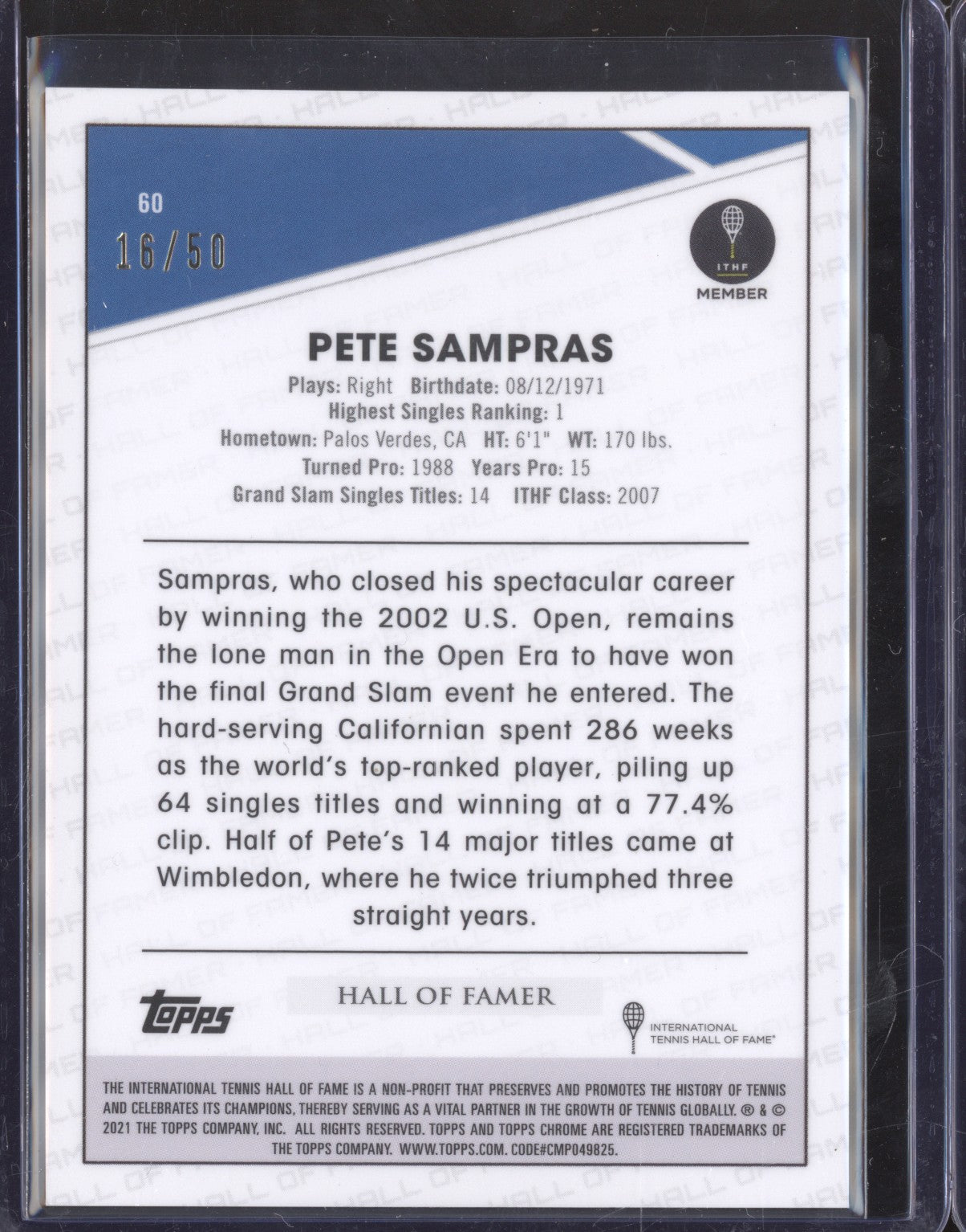 Pete Sampras 2021 Topps Chrome Tennis 60 Gold Wave 16/50