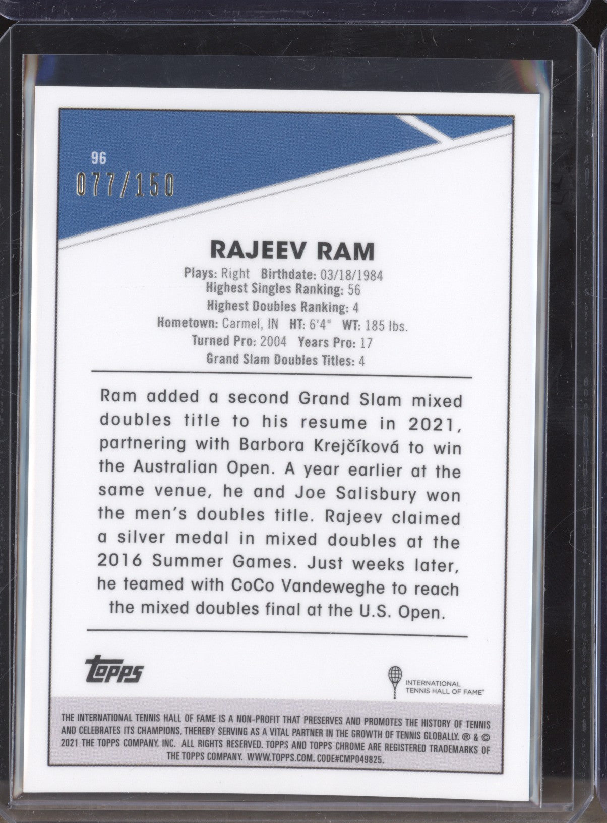 Rajeev Ram 2021 Topps Chrome Tennis 96 Aqua 77/150